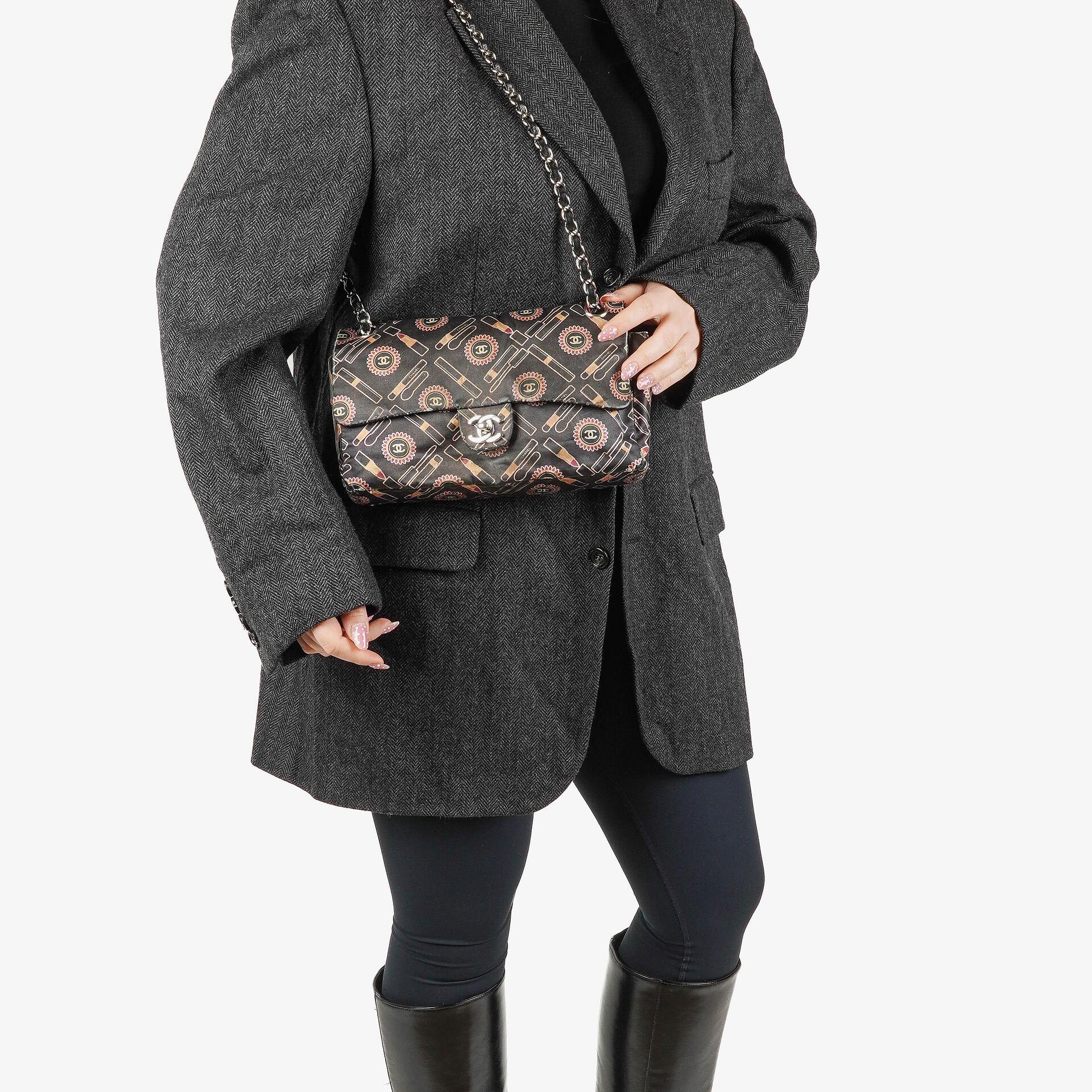 Chanel Black Lipstick Print Satin Flap Bag With Silver-Tone Hardware