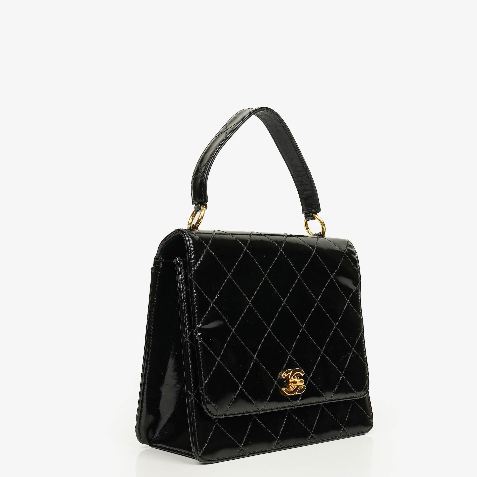 Chanel Black Quilted Patent Leather Top Handle Flap Bag With 24K Gold-Plated Hardware