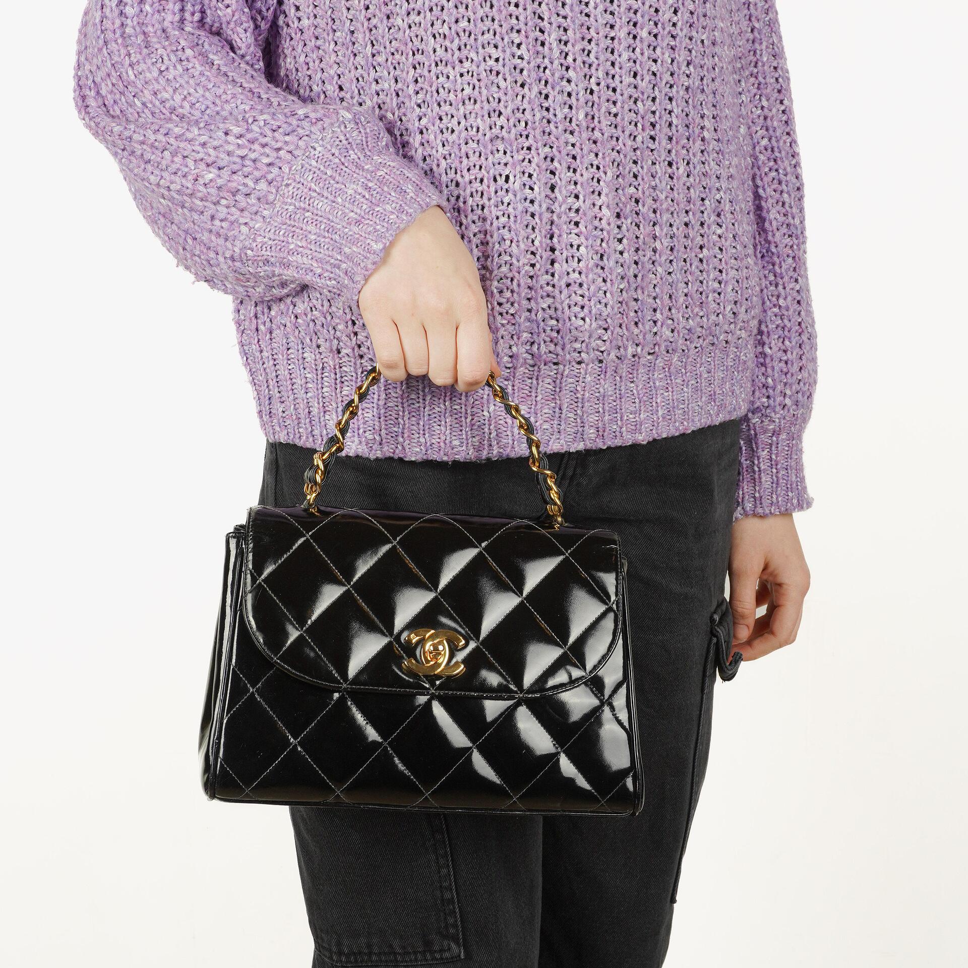 Chanel Black Quilted Patent Leather CC Flap Double Chain Bag