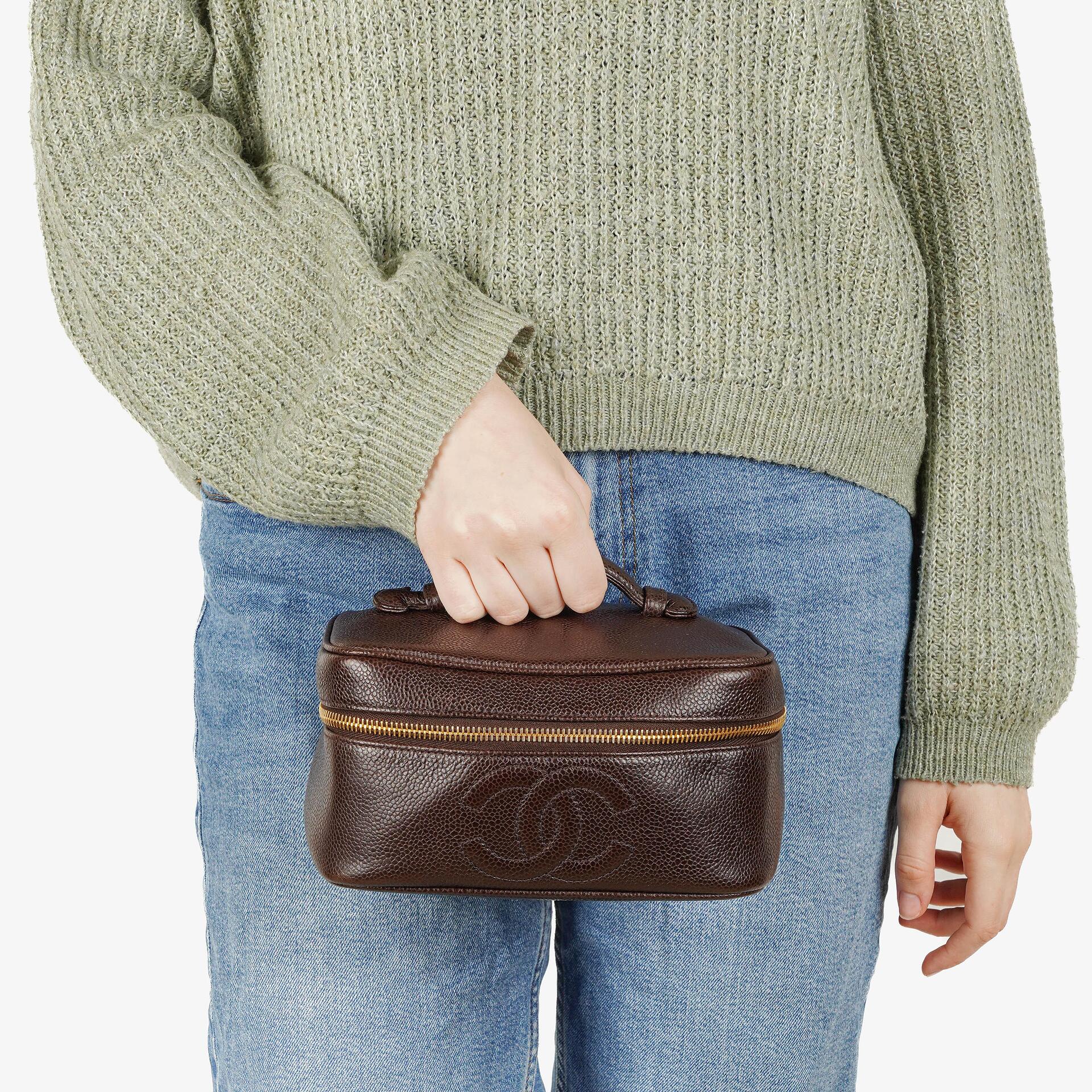 Chanel Brown Caviar Quilted Leather Timeless Cosmetic Case
