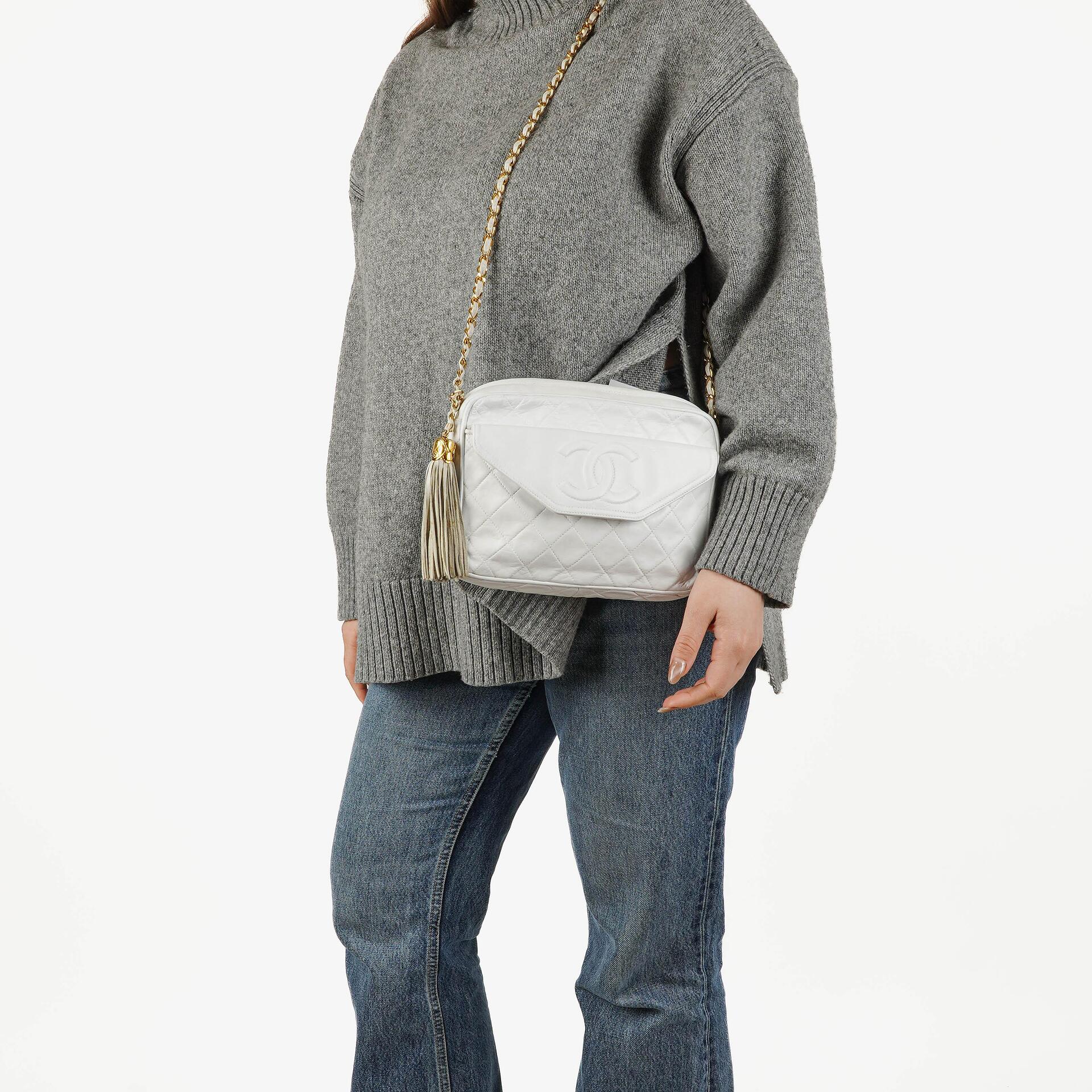 Chanel Camera Tassel CC White Quilted Lambskin Bag