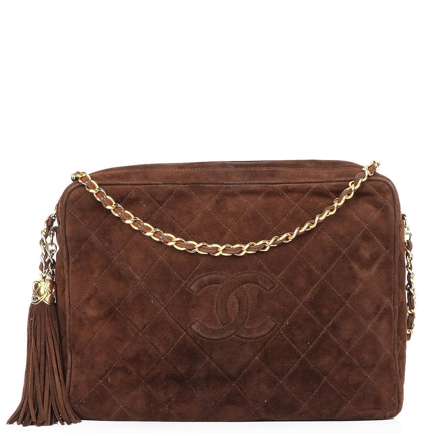 Chanel Camera Tassel Vintage Bag In Brown Quilted Suede