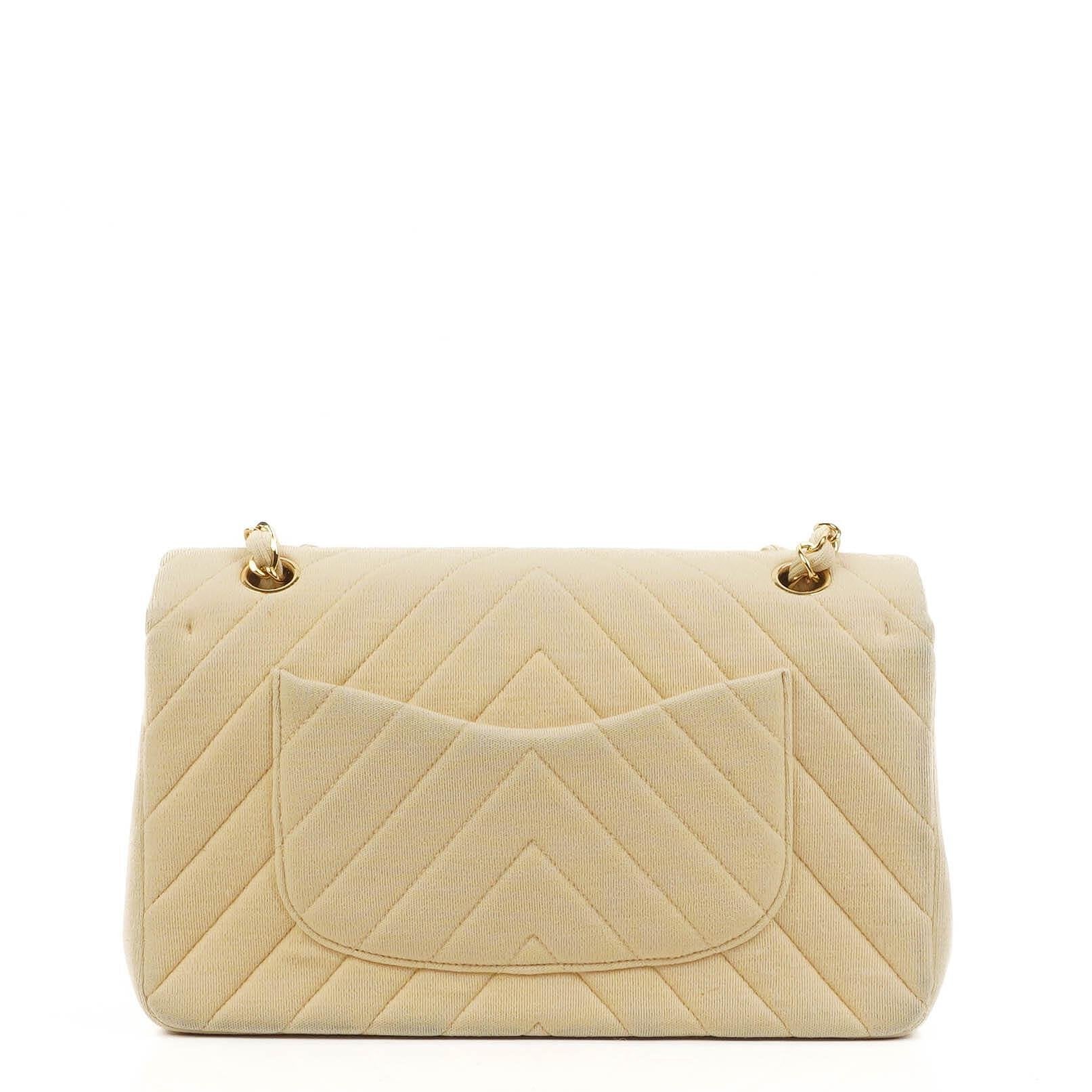 Chanel Chevron Medium Double Flap Bag In Beige Quilted Jersey And 24K Gold-Plated Hardware