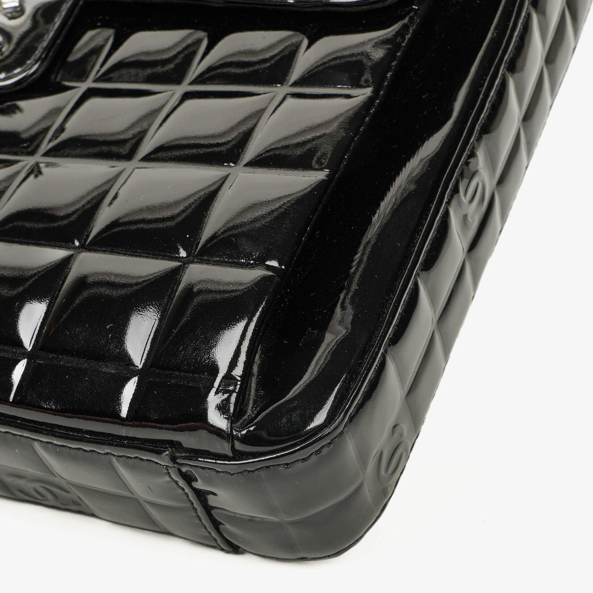 Chanel Chocolate Bar Briefcase Black Patent Leather With Silver Tone Hardware