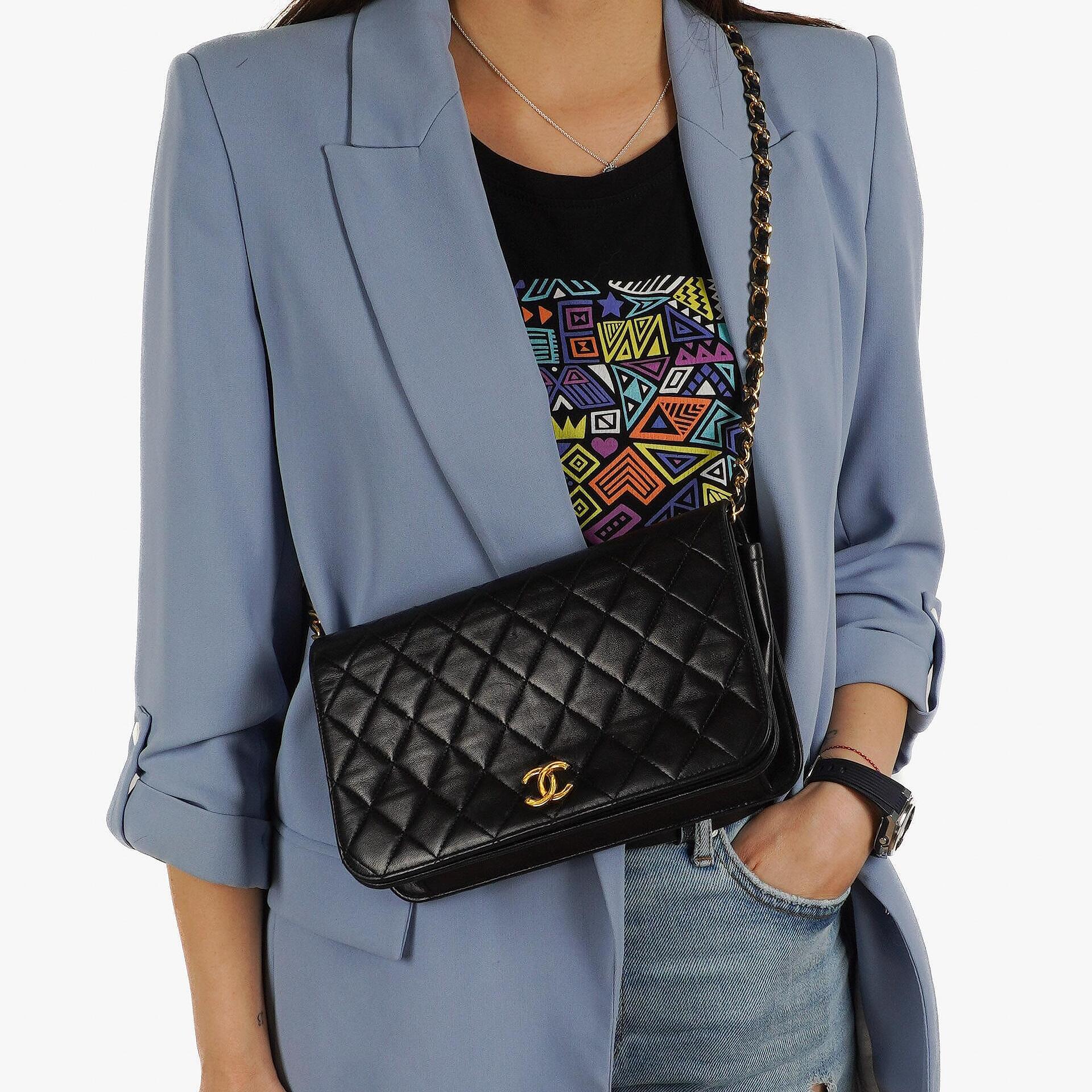 Chanel Classic Black Quilted Lambskin Full Flap Bag With 24K Gold-Plated Hardware