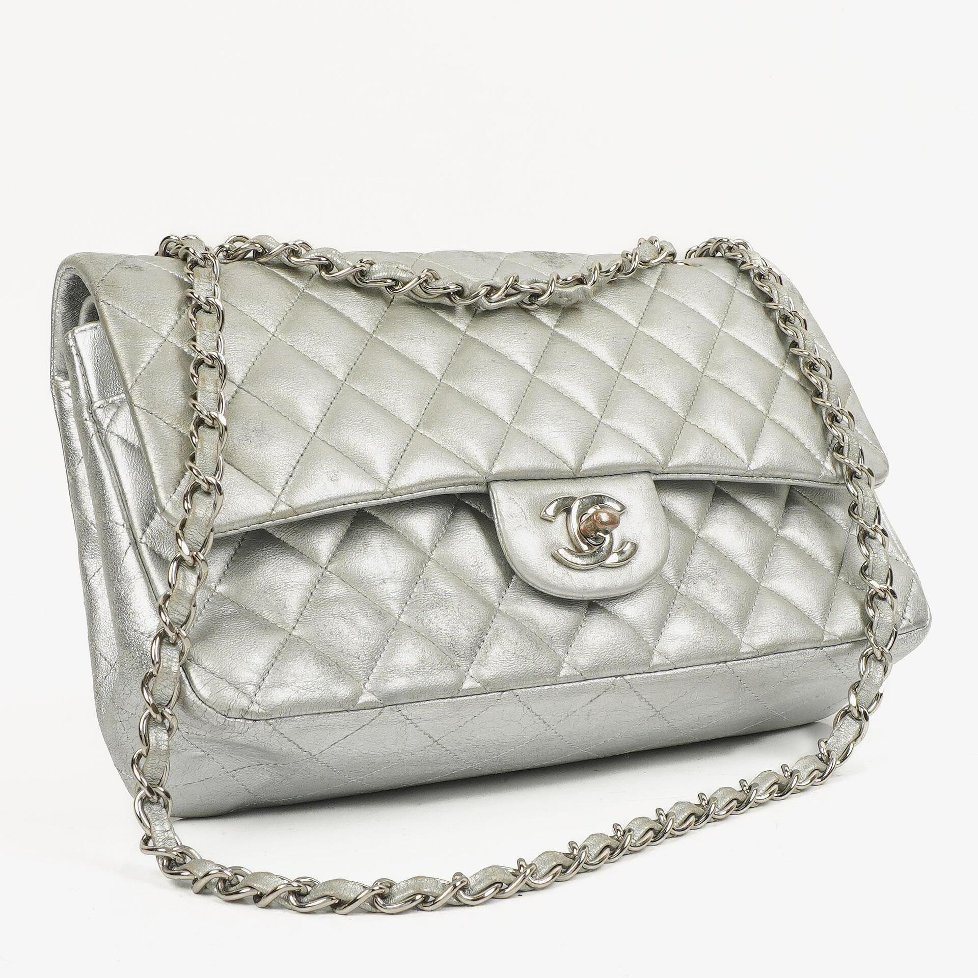 Chanel Classic Double Flap Bag Metallic Silver Quilted Lambskin With Silver-Tone Hardware