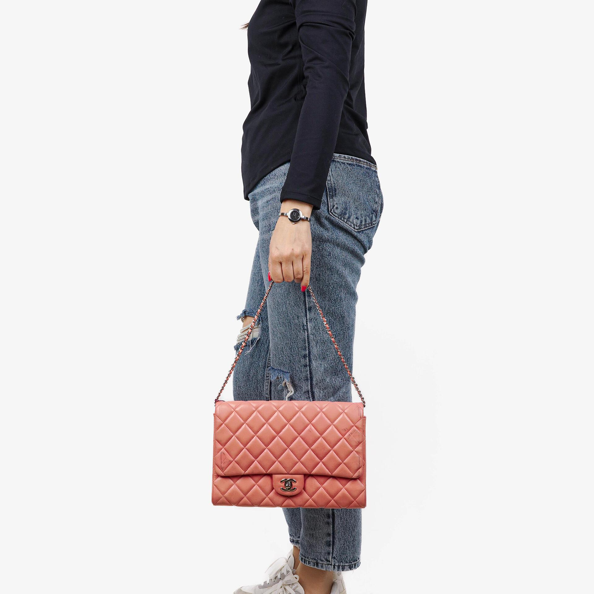 Chanel Classic Flap Clutch With Chain Quilted Leather With Silver-Tone Hardware