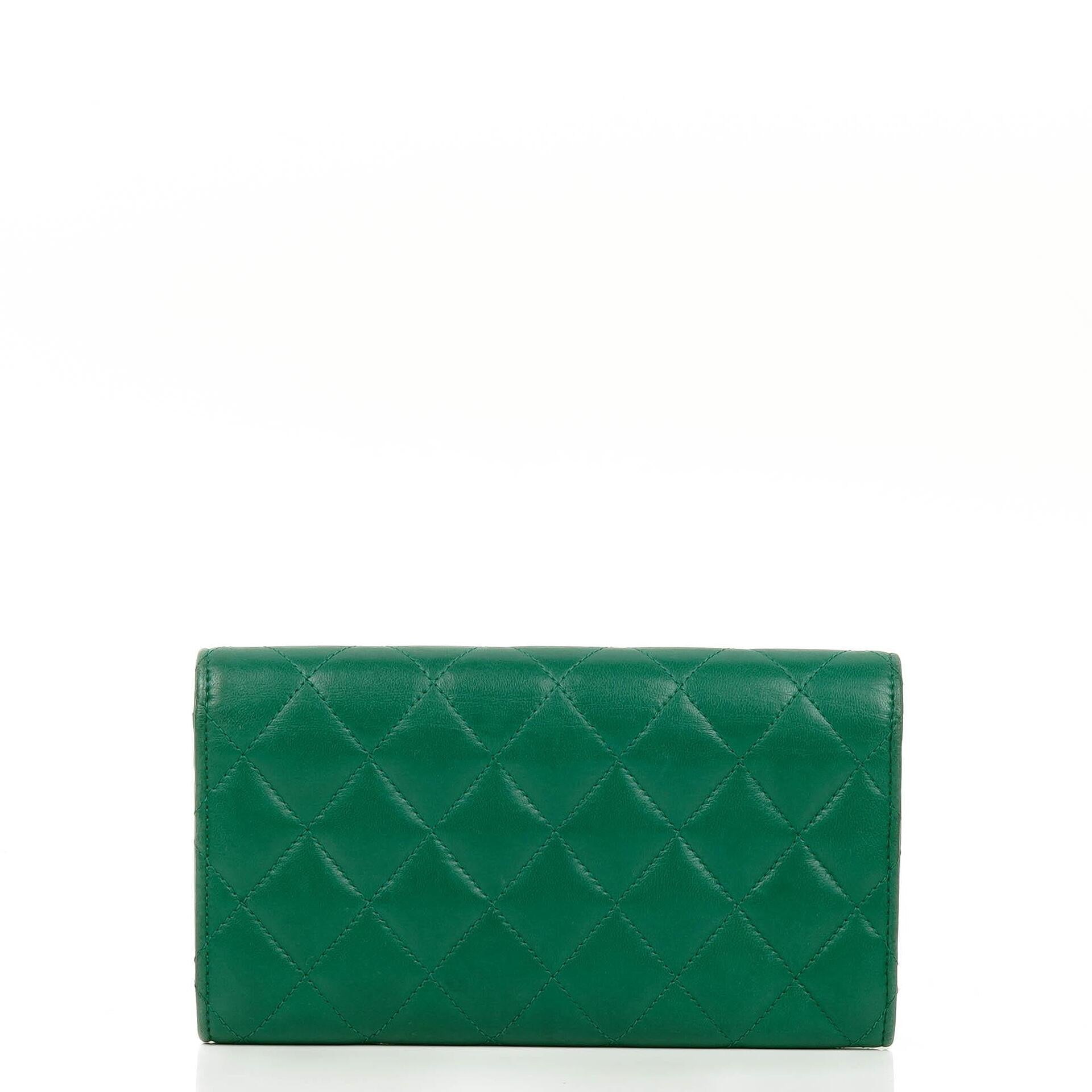 Chanel Classic Flap Long Wallet In Green Quilted Leather
