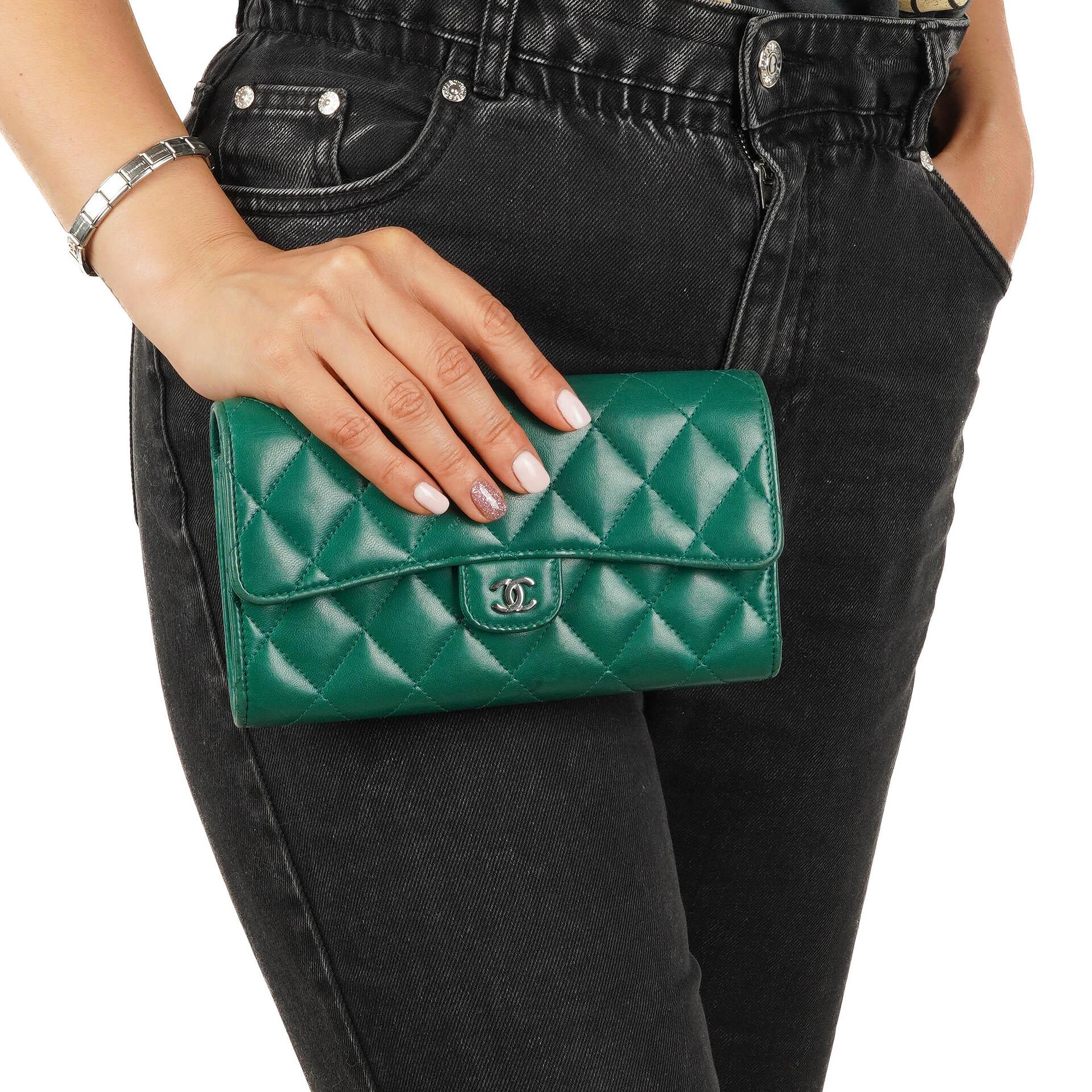 Chanel Classic Flap Long Wallet In Green Quilted Leather