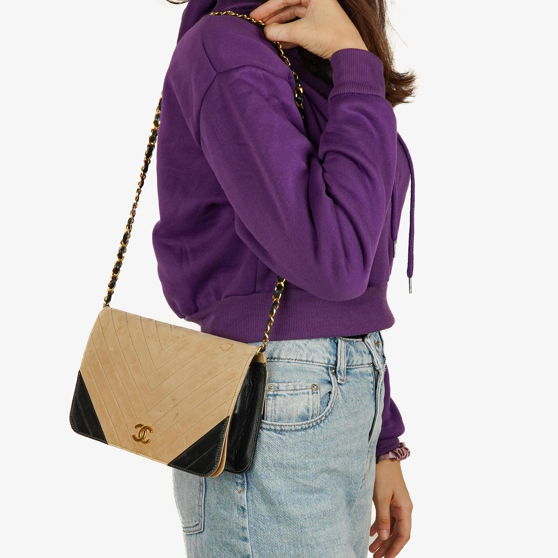 Chanel Classic Full Flap Bag Beige Chevron Quilted Leather 24K Gold-Plated Hardware