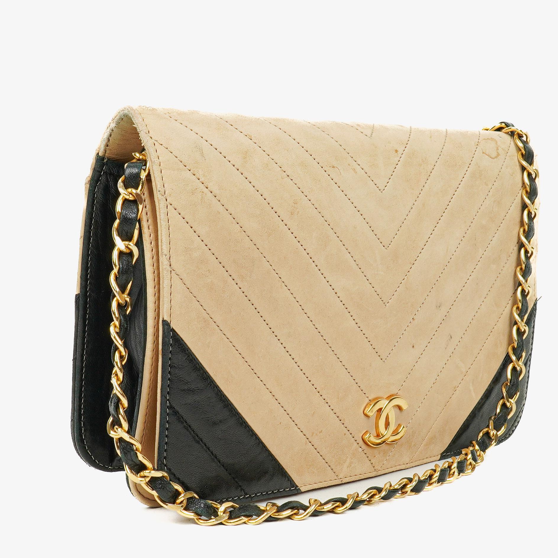 Chanel Classic Full Flap Bag Beige Chevron Quilted Leather 24K Gold-Plated Hardware