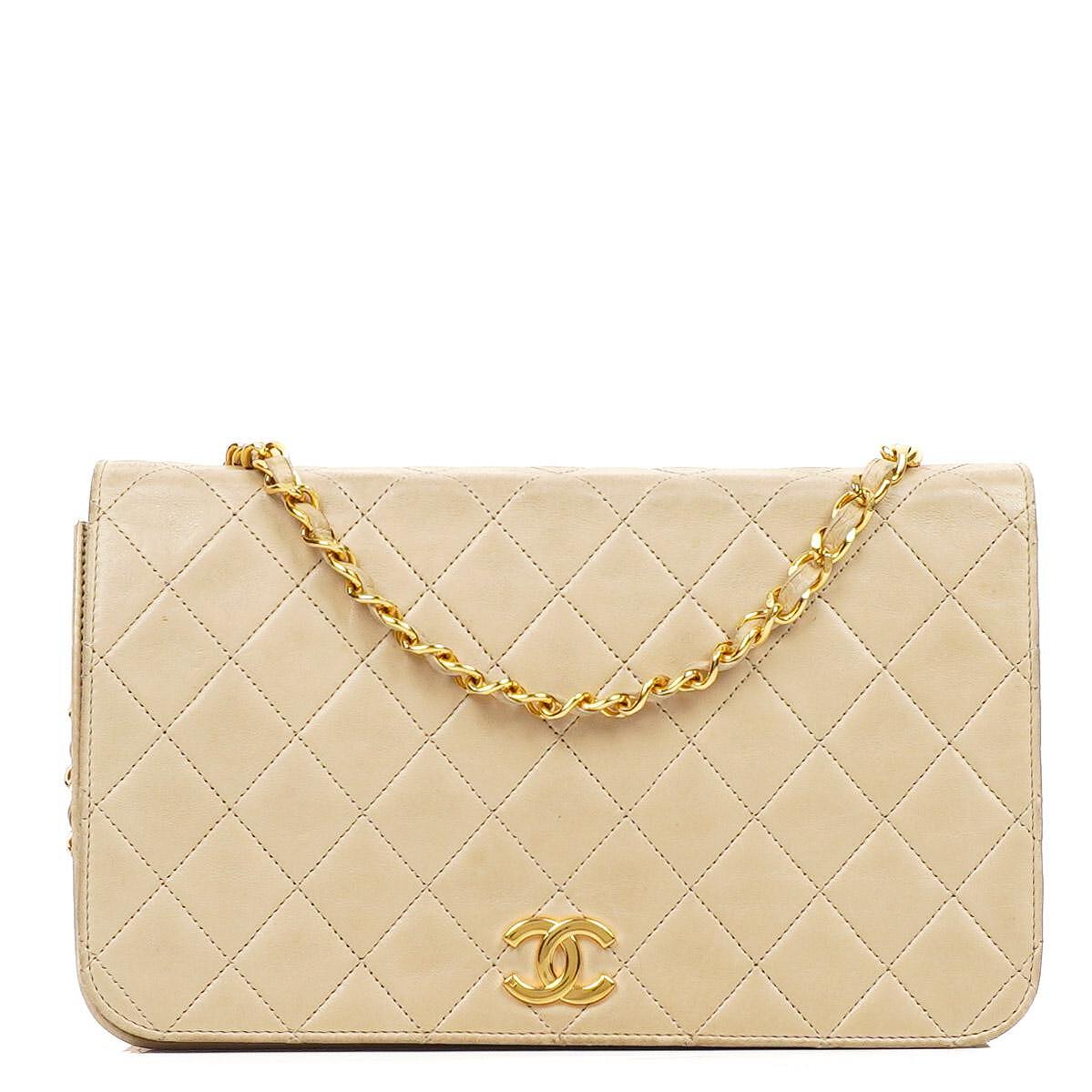 Chanel Classic Full Flap Bag Beige Quilted Lambskin 24K Gold-Plated Hardware