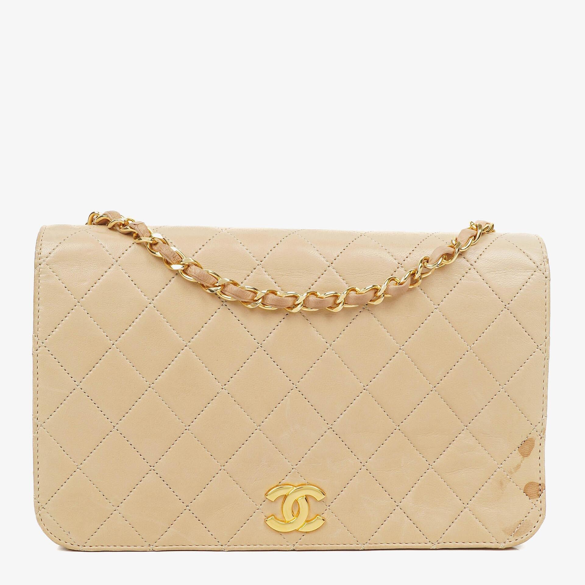 Chanel Classic Full Flap Bag Beige Quilted Lambskin 24K Gold-Plated Hardware
