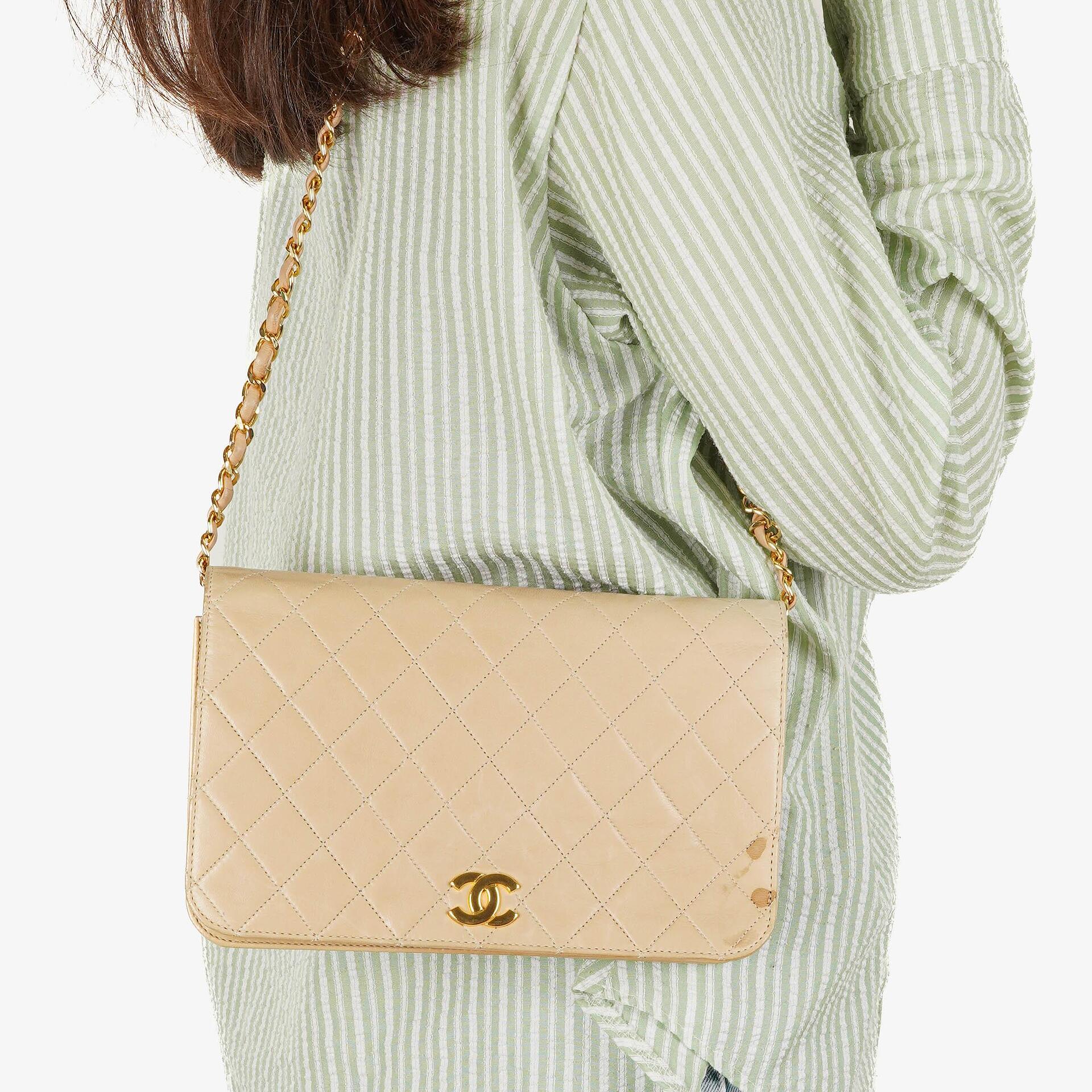 Chanel Classic Full Flap Bag Beige Quilted Lambskin 24K Gold-Plated Hardware