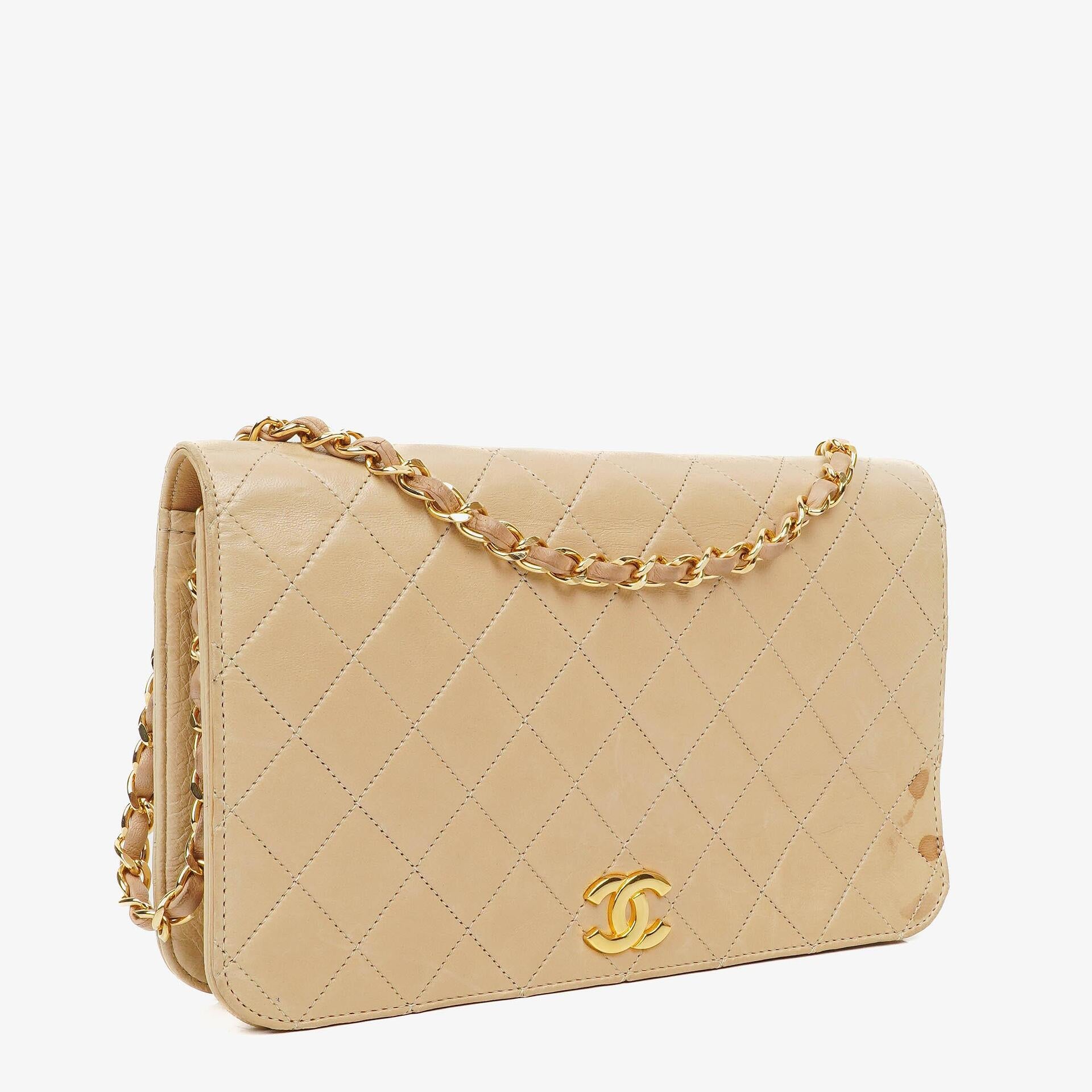 Chanel Classic Full Flap Bag Beige Quilted Lambskin 24K Gold-Plated Hardware