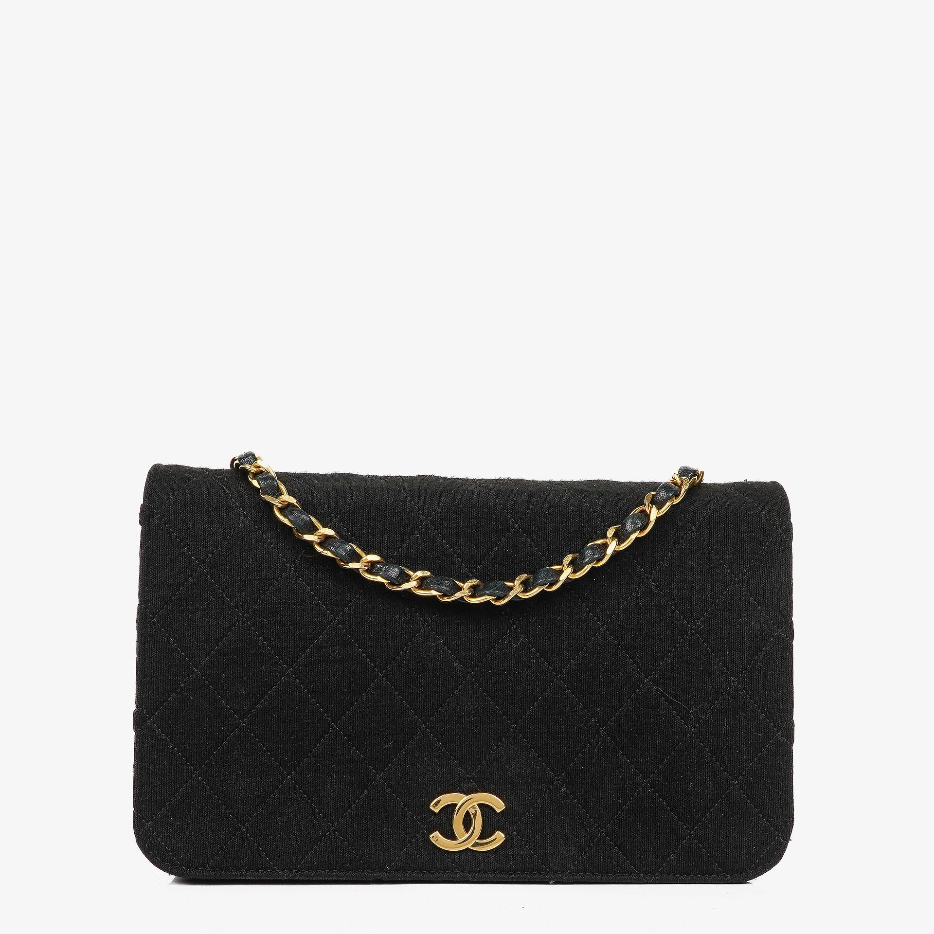 Chanel Classic Full Flap Bag Black Quilted Jersey And Leather 24K Gold-Plated Hardware