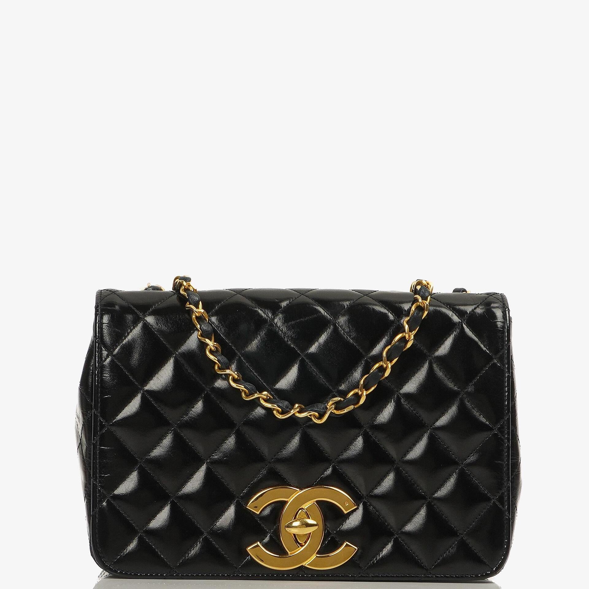 Chanel Classic Maxi Logo Full Flap Bag Black Quilted Patent Leather With 24K Gold-Plated Hardware