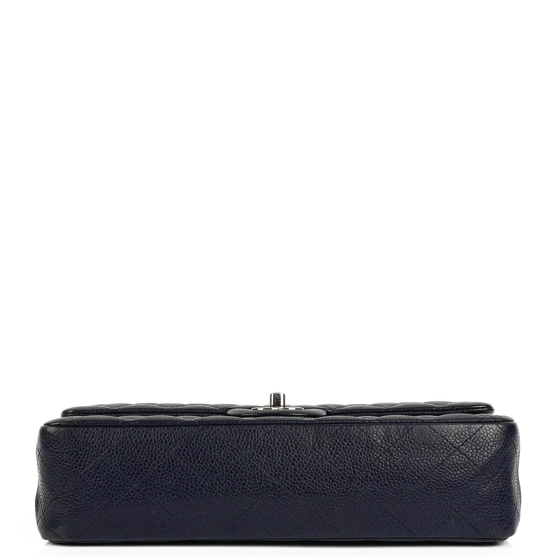 Chanel Classic Medium Double Flap Bag In Navy Quilted Caviar Leather And Silver-Tone Hardware