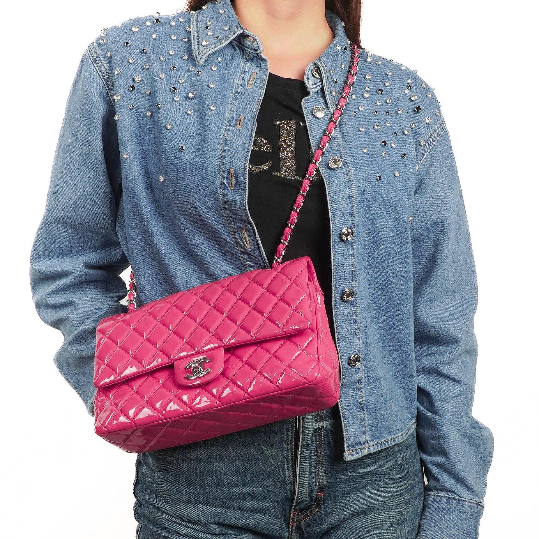 Chanel Classic Medium Pink Quilted Patent Leather Double Flap Bag With Silver Hardware