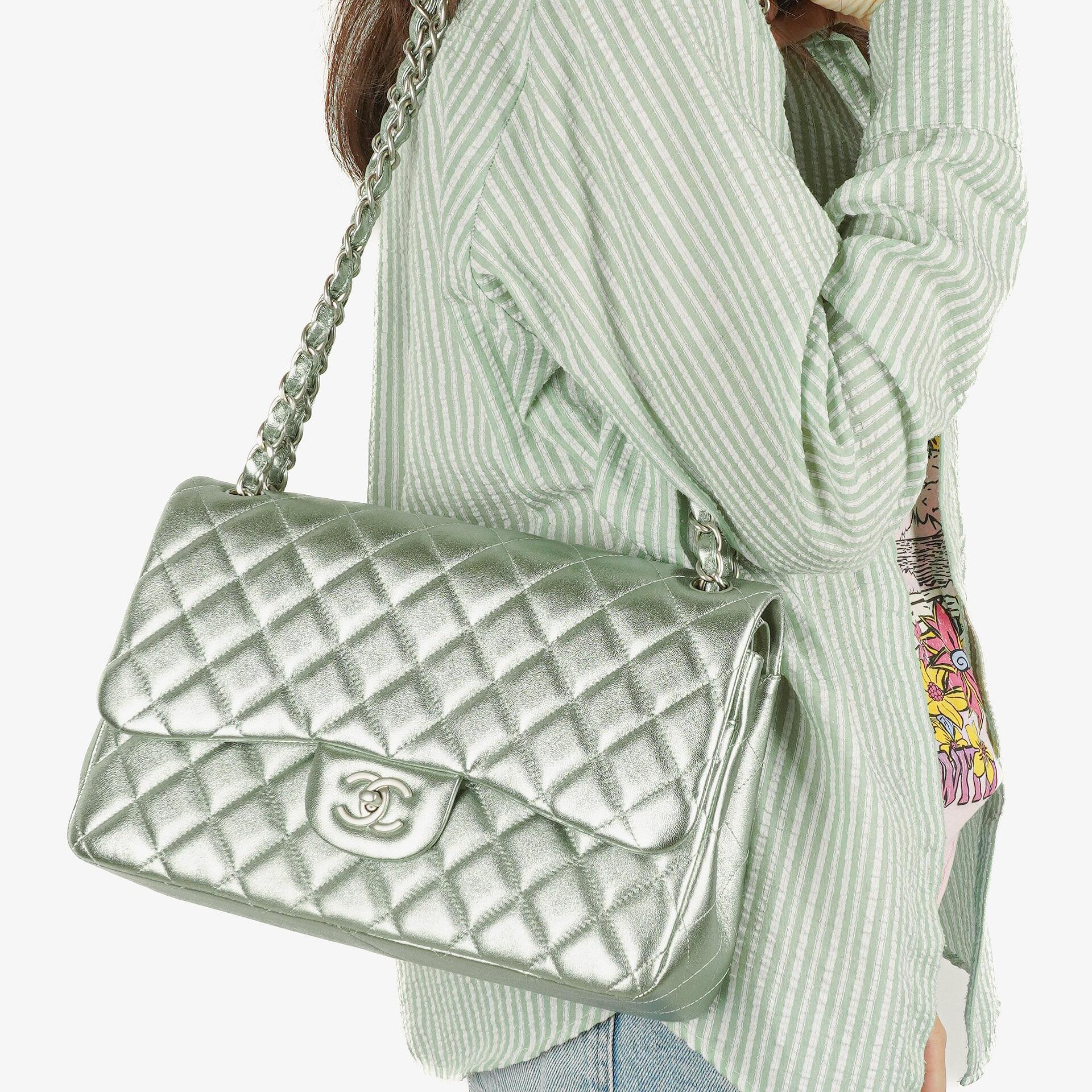 Chanel Classic Metallic Green Quilted Lambskin Jumbo Double Flap Bag