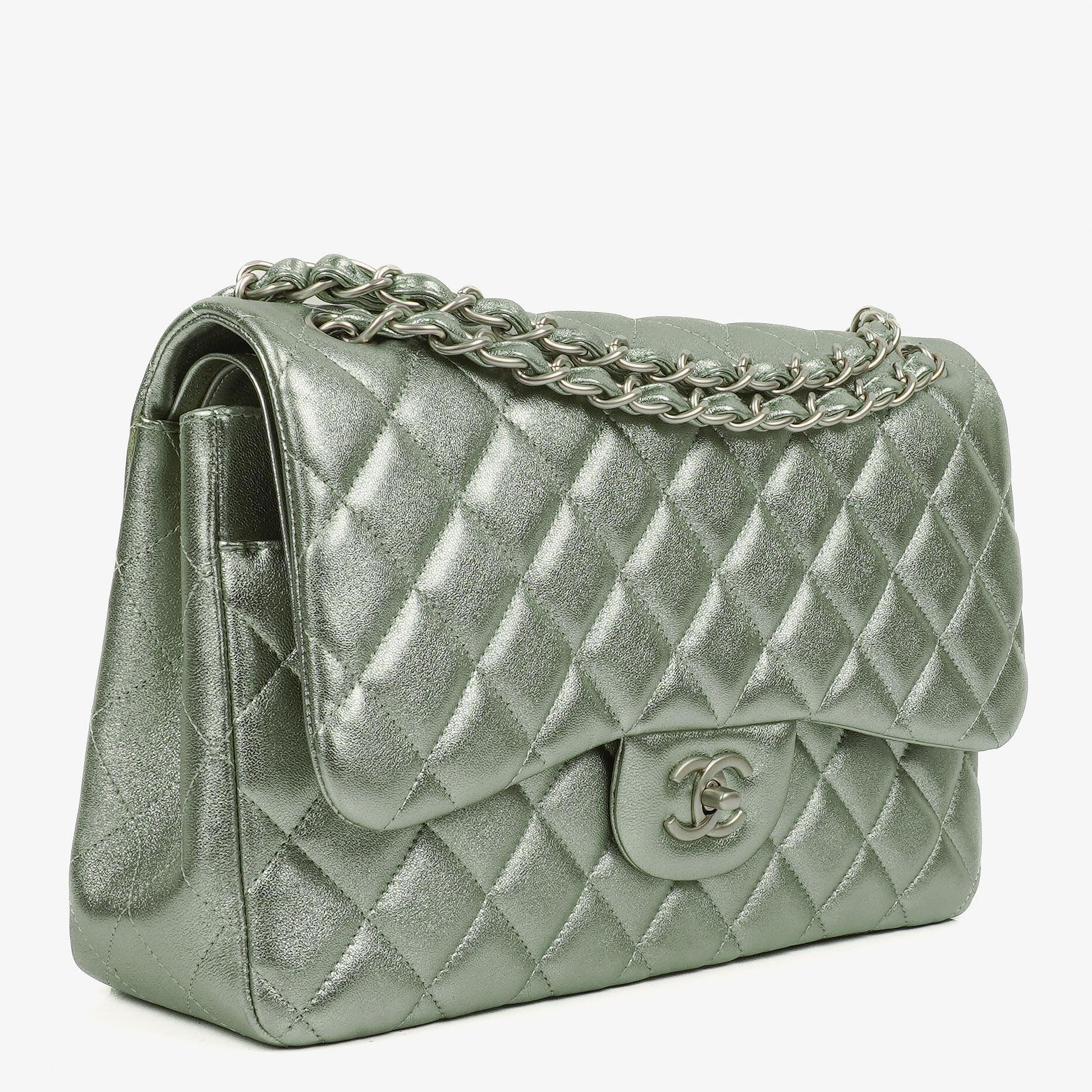 Chanel Classic Metallic Green Quilted Lambskin Jumbo Double Flap Bag