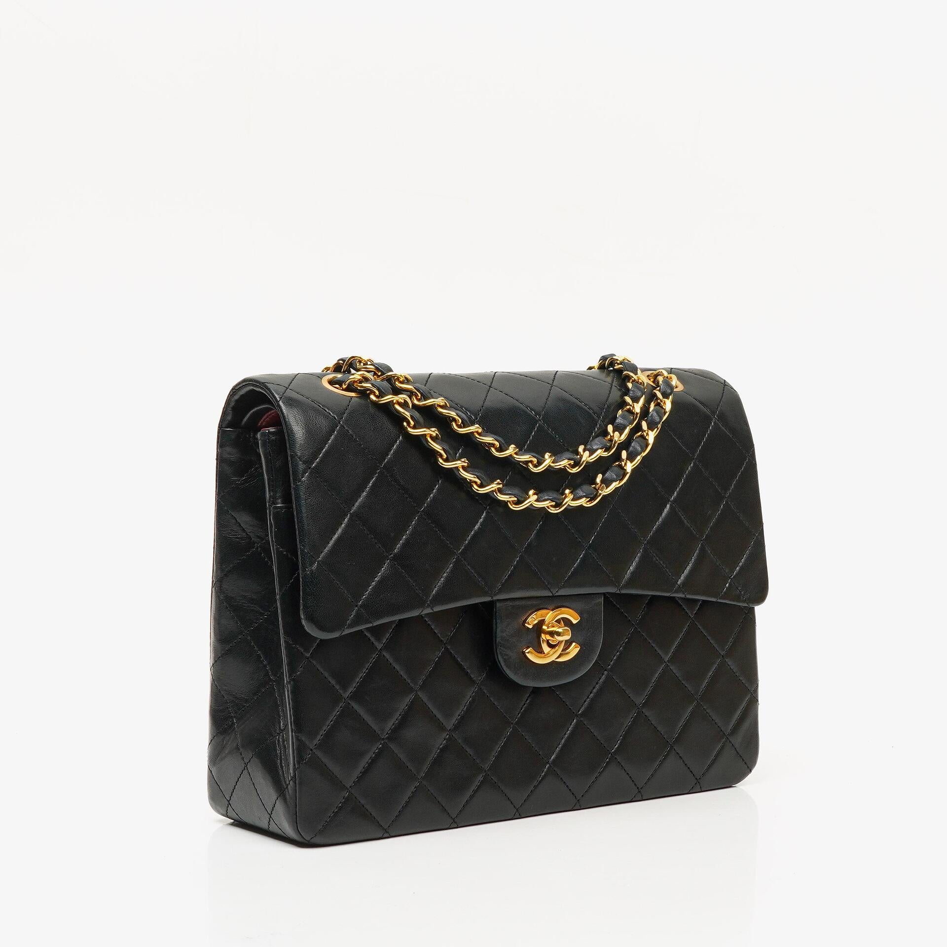 Chanel Classic Square Black Quilted Lambskin Double Flap Bag With 24K Gold-Plated Hardware, 1986-1988