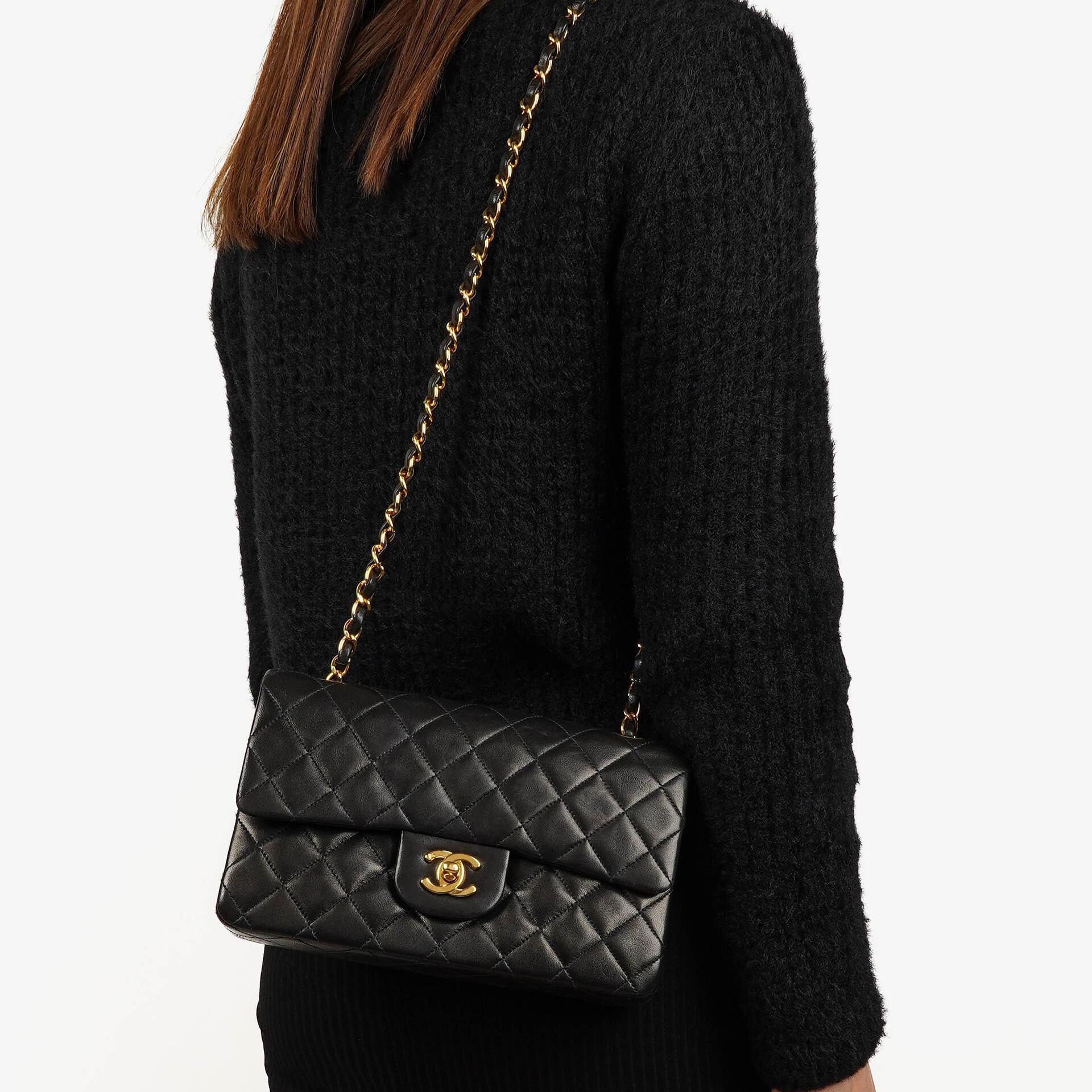 Chanel Classic Vintage Small Double Flap Bag In Black Quilted Lambskin And 24K Gold-Plated Hardware