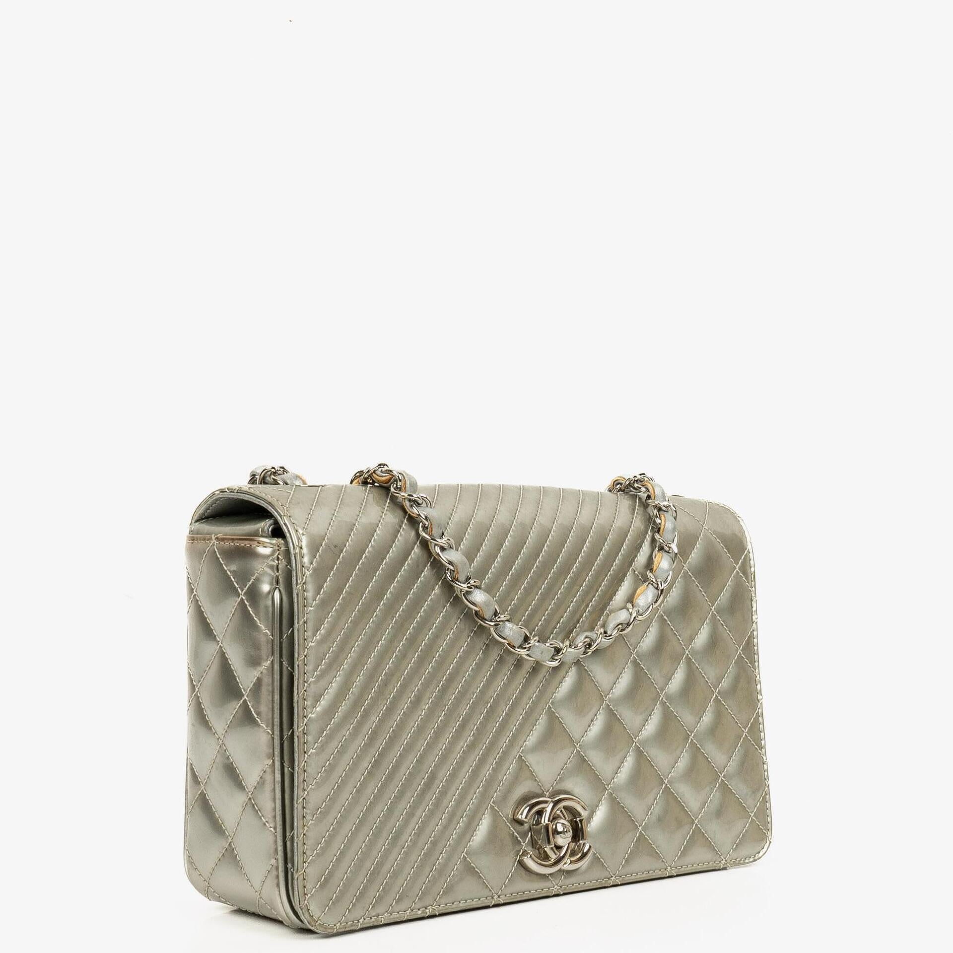 Chanel Coco Boy Flap Bag Silver Quilted Patent Leather