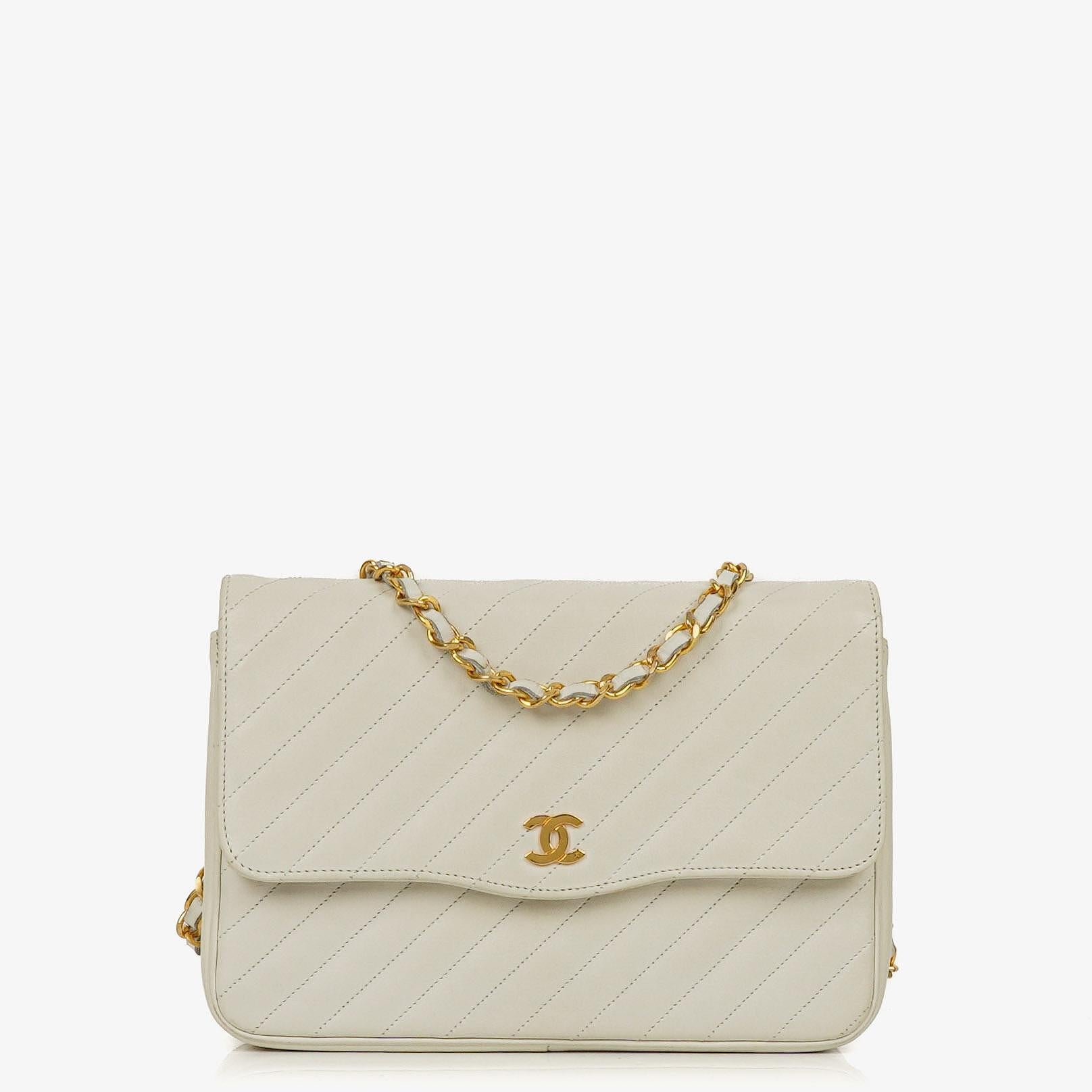 Chanel Diagonal Quilted Lambskin Leather Small Classic Single Flap Bag With 24K Gold-Plated Hardware