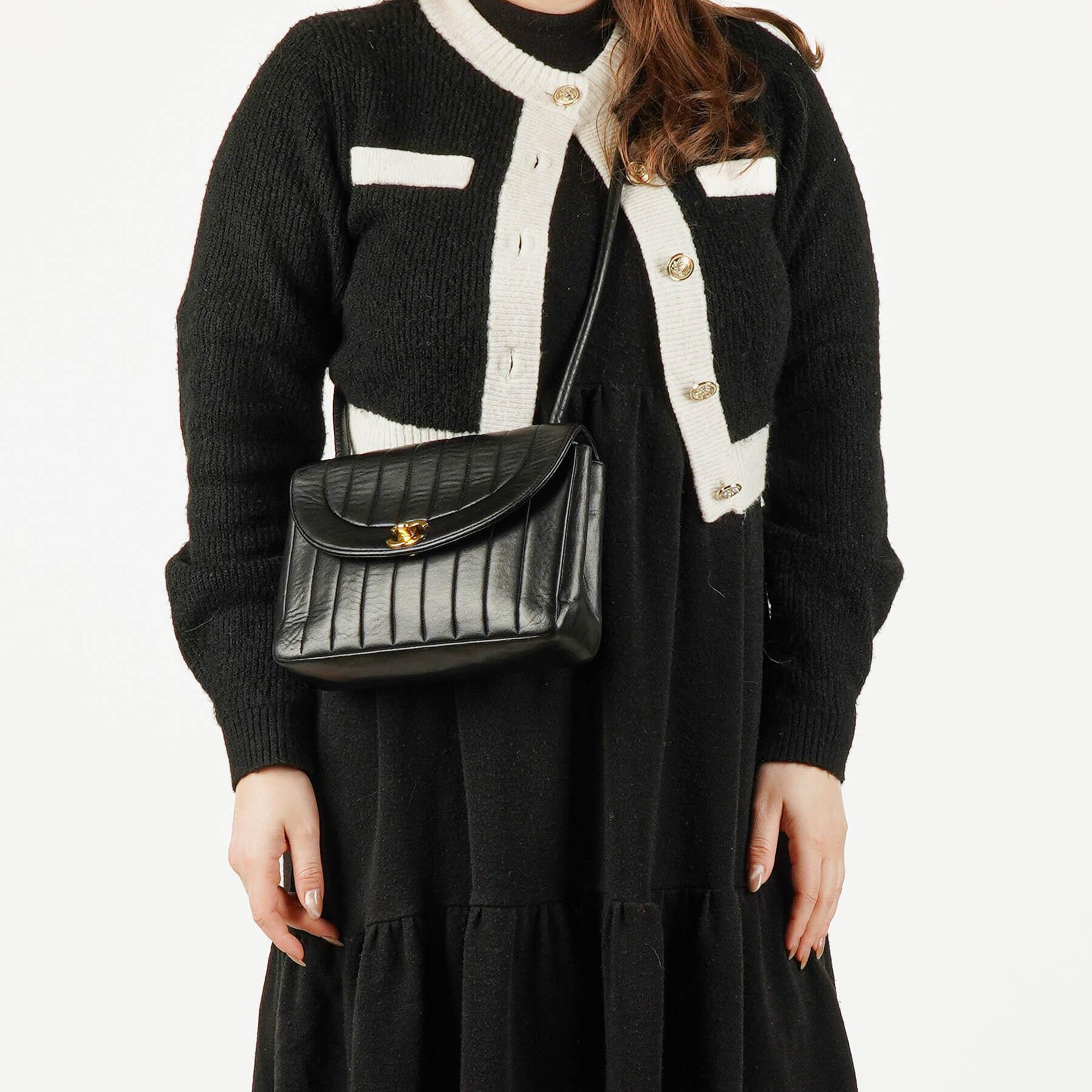 Chanel Diana Black Vertical Quilted Lambskin Single Flap Bag With 24K Gold-Plated Hardware