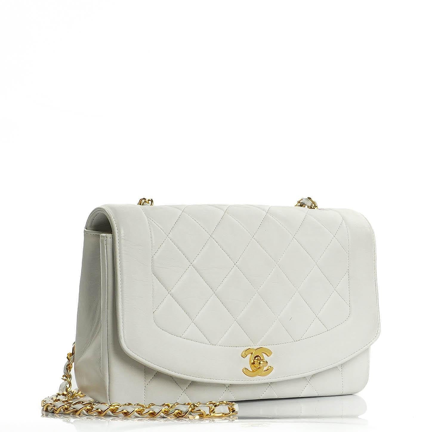 Chanel Diana White Quilted Lambskin Vintage Medium Flap Bag With 24K Gold-Plated Hardware