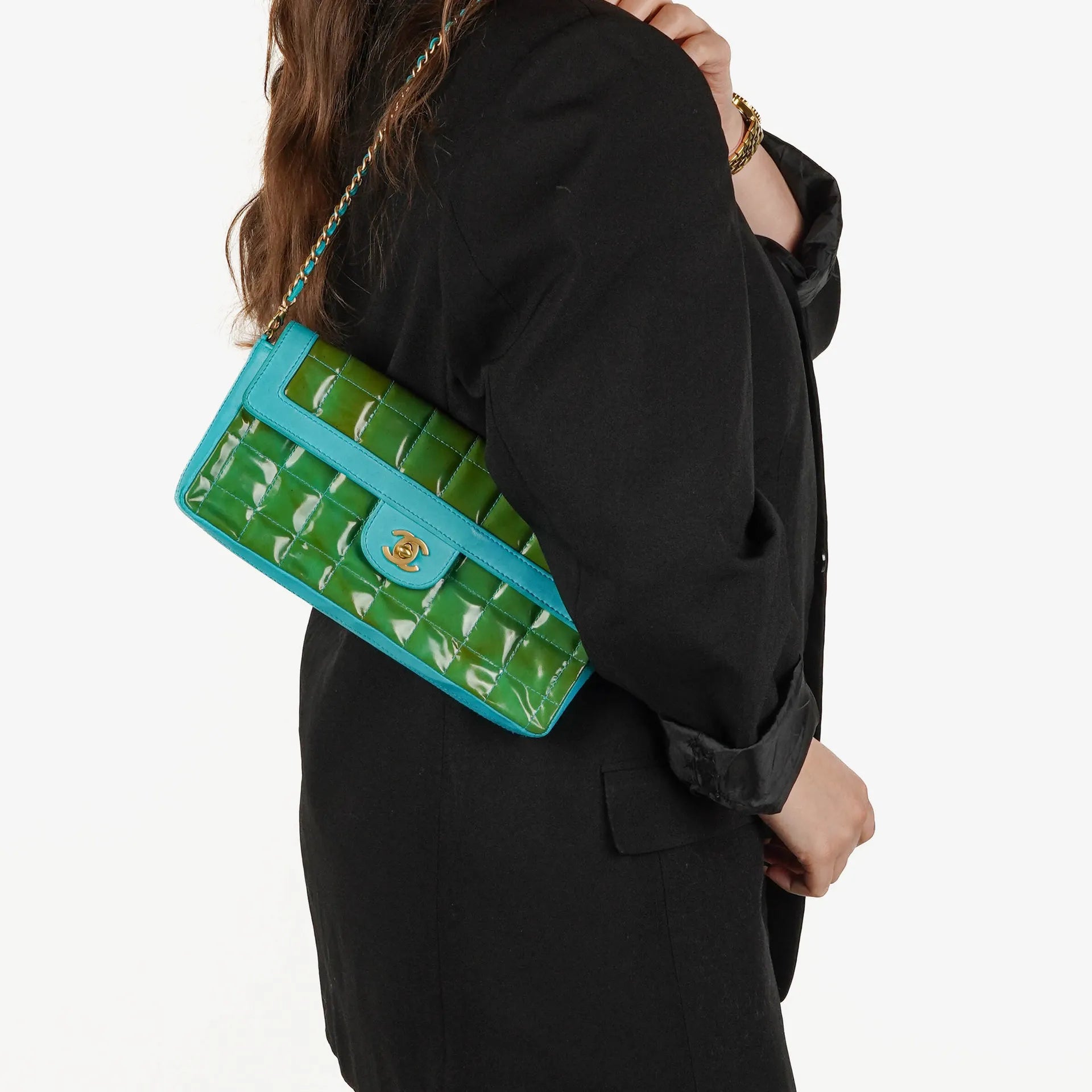 Chanel East West Patent Leather Chocolate Bar Flap Bag