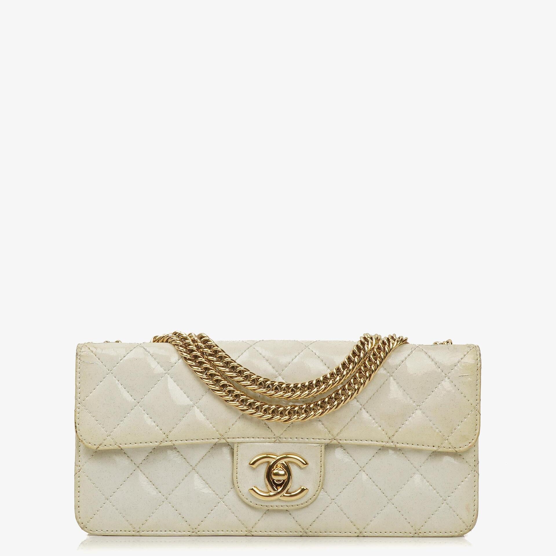 Chanel Evening Star East West White Quilted Patent Leather Flap Bag
