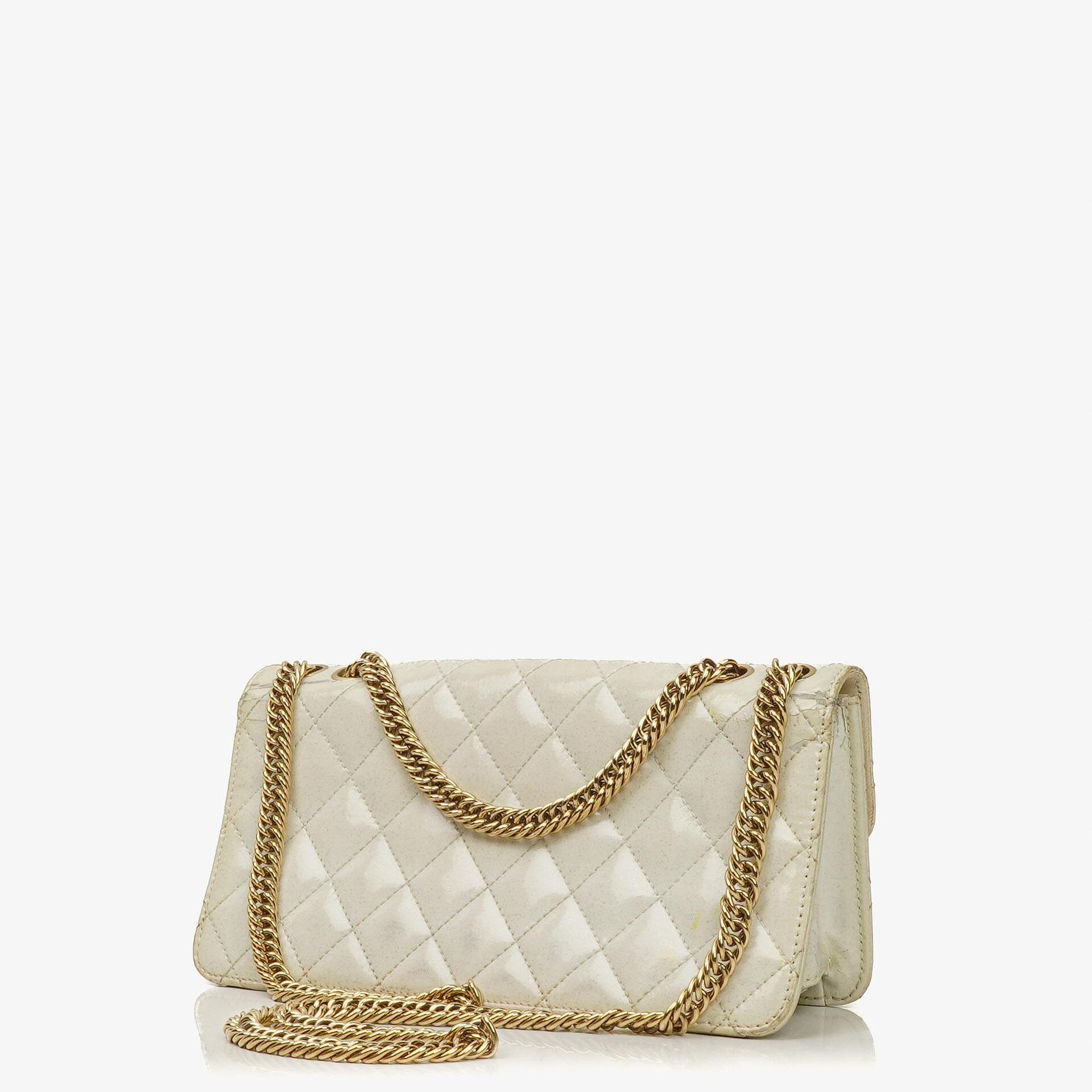 Chanel Evening Star East West White Quilted Patent Leather Flap Bag