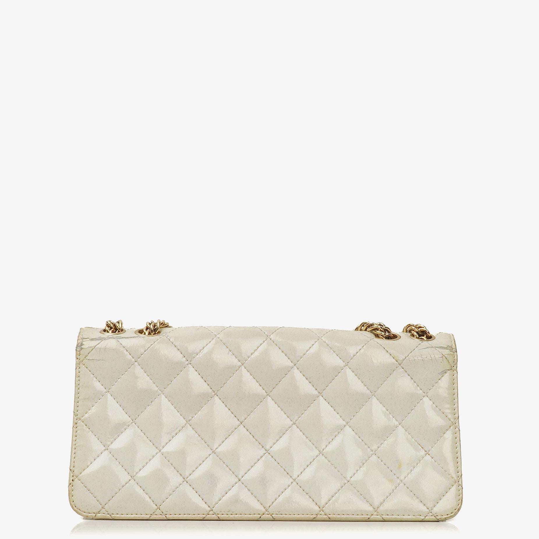 Chanel Evening Star East West White Quilted Patent Leather Flap Bag