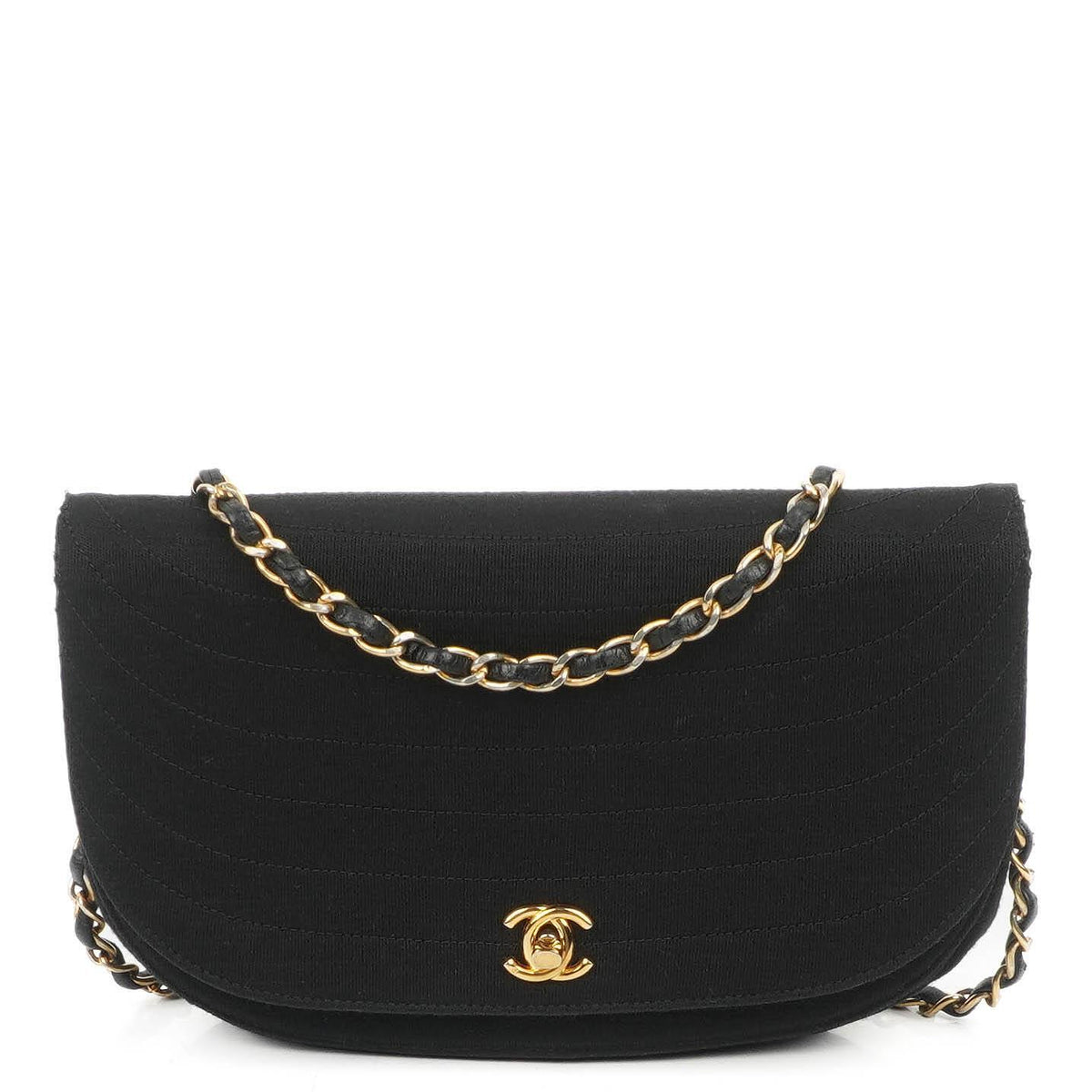 Chanel Half-Moon Flap Bag In Black Quilted Jersey And 24K Gold-Plated Hardware