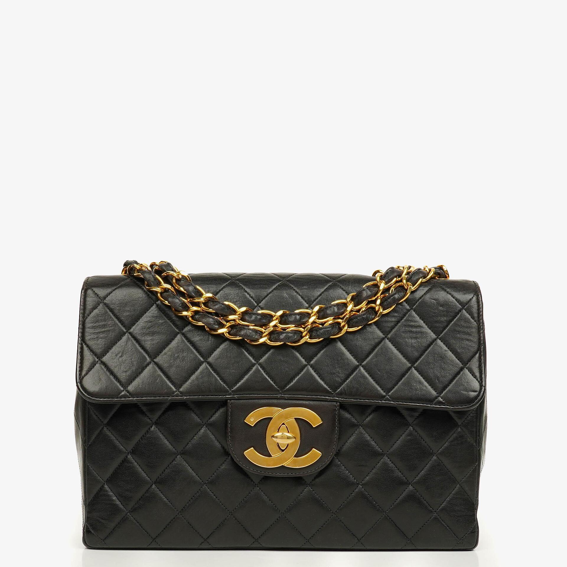 Chanel Jumbo CC Classic Single Flap Bag Black Quilted Lambskin 24K Gold-Plated Hardware