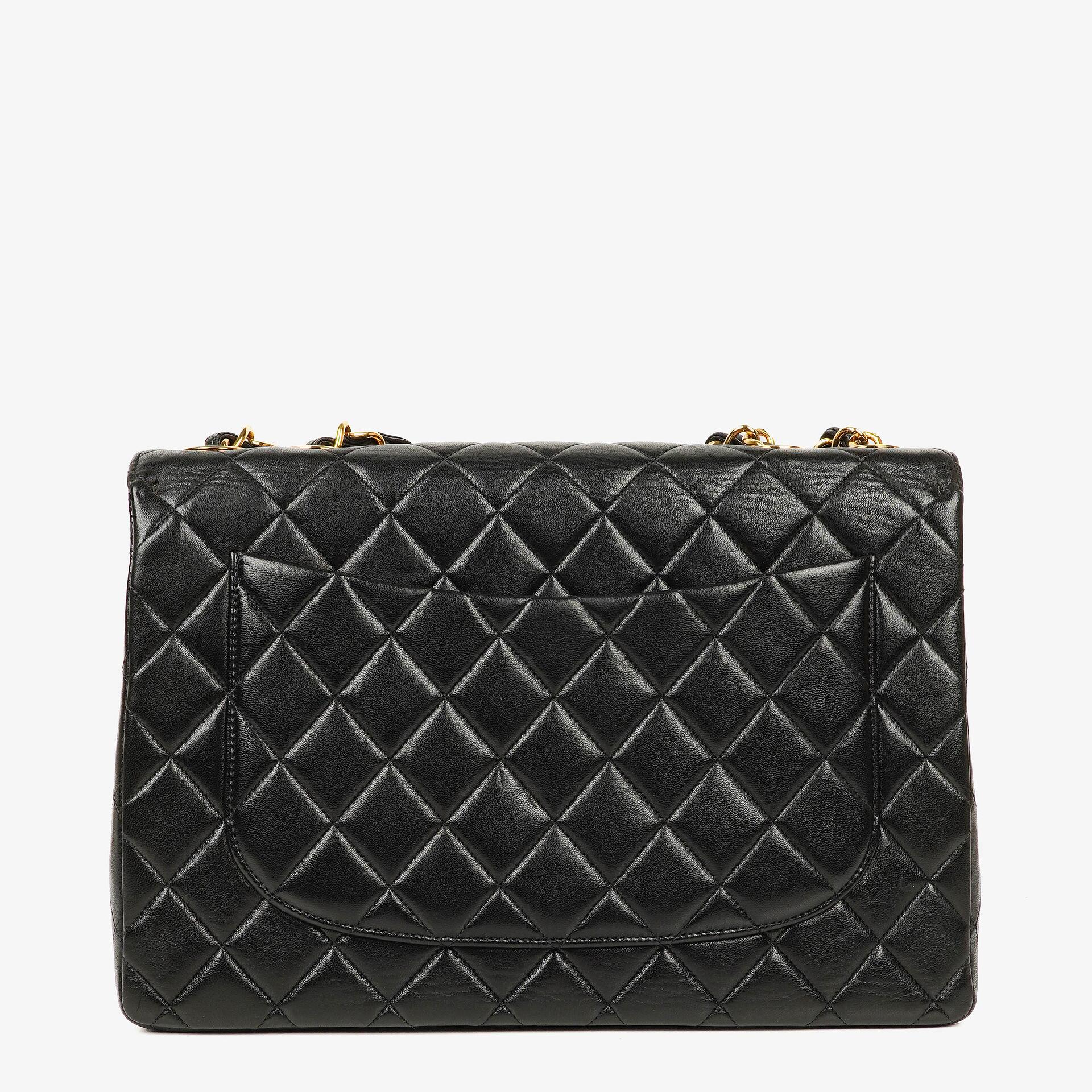 Chanel Jumbo CC Classic Single Flap Maxi Logo Bag Black Quilted Lambskin 24K Gold-Plated Hardware