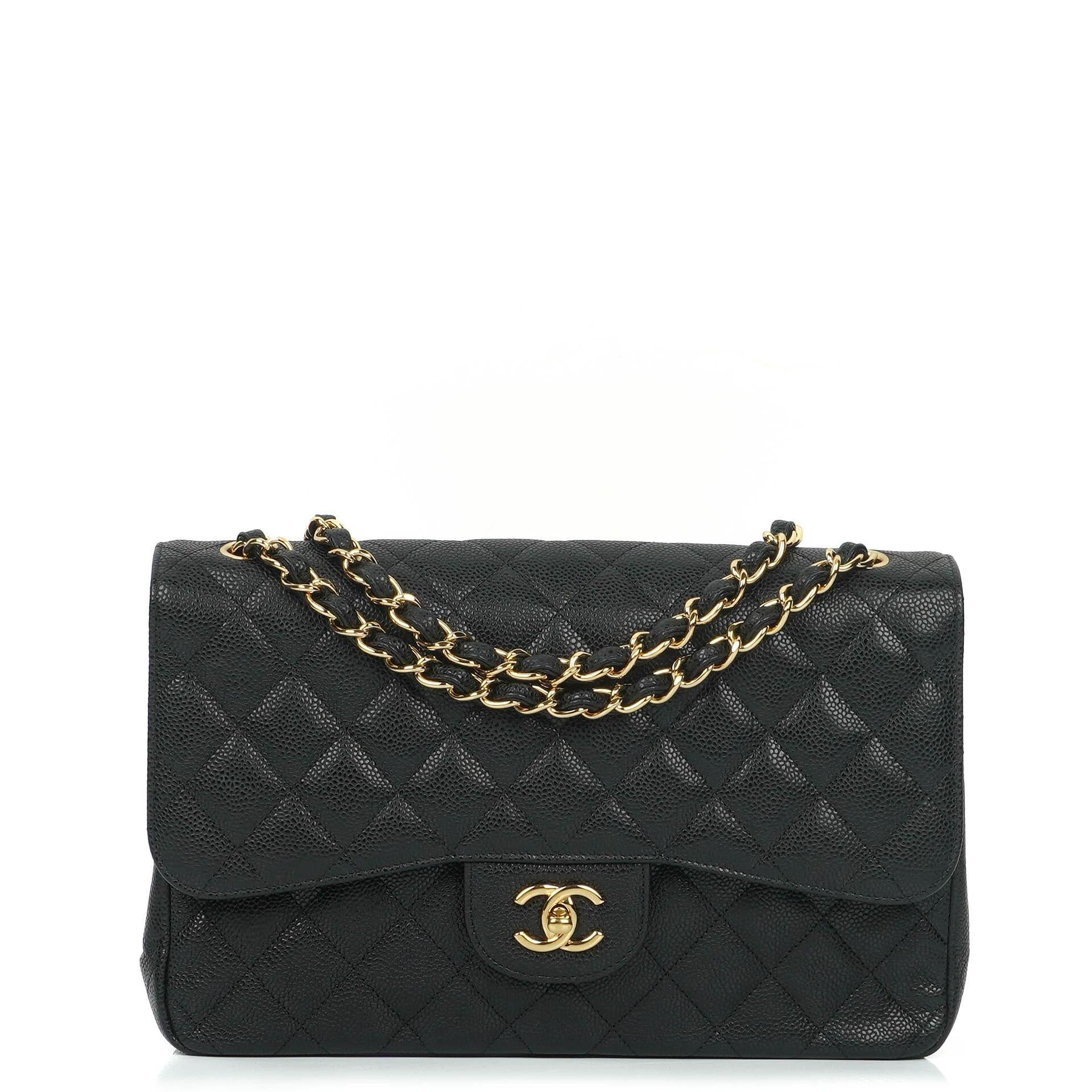 Chanel Jumbo Classic Black Quilted Caviar Double Flap Bag Gold Hardware