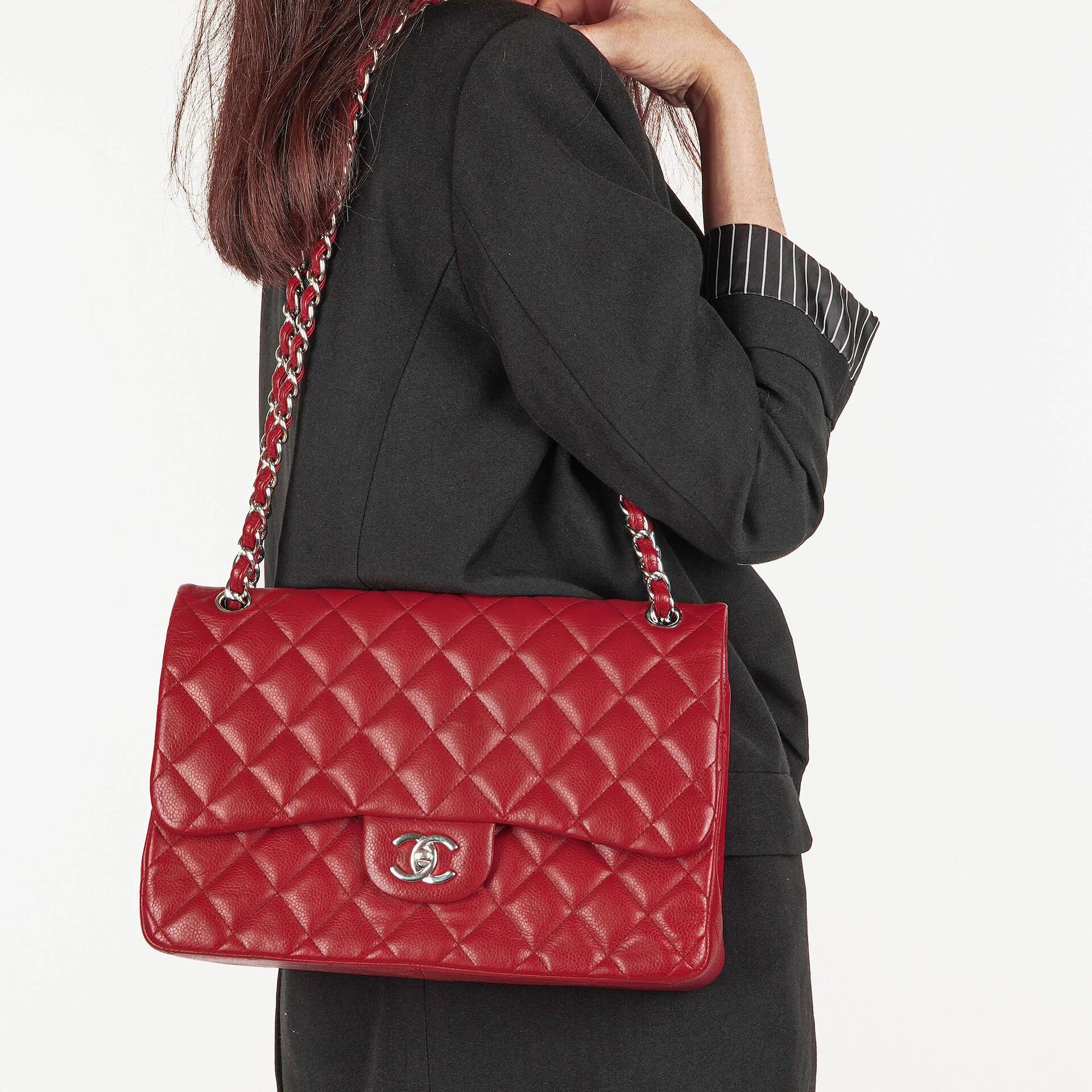 Chanel Jumbo Classic Red Caviar Quilted Leather Double Flap Bag With Silver - Tone Hardware