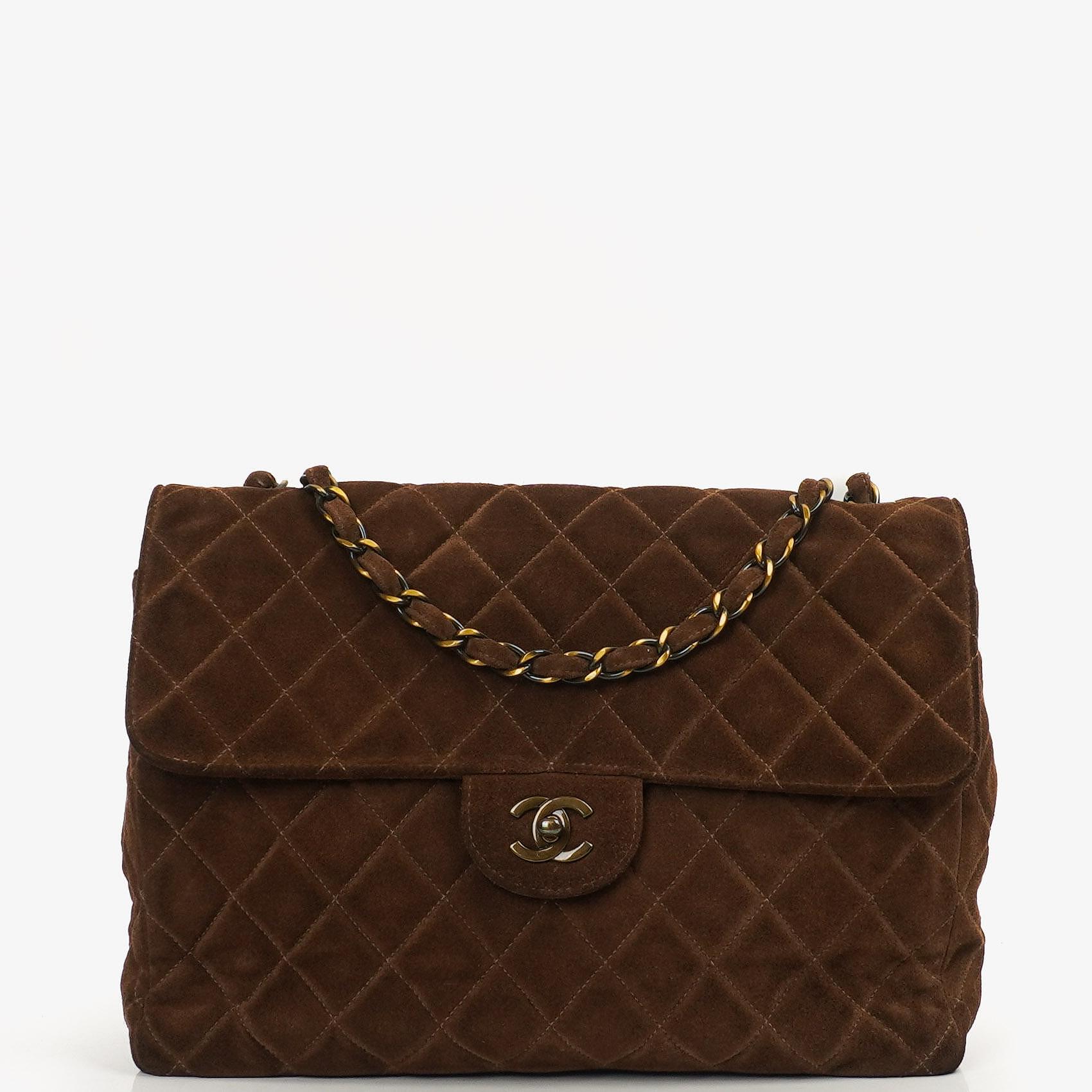 Auth Pre-Owned Chanel Jumbo Classic Single Flap Bag Brown Quilted