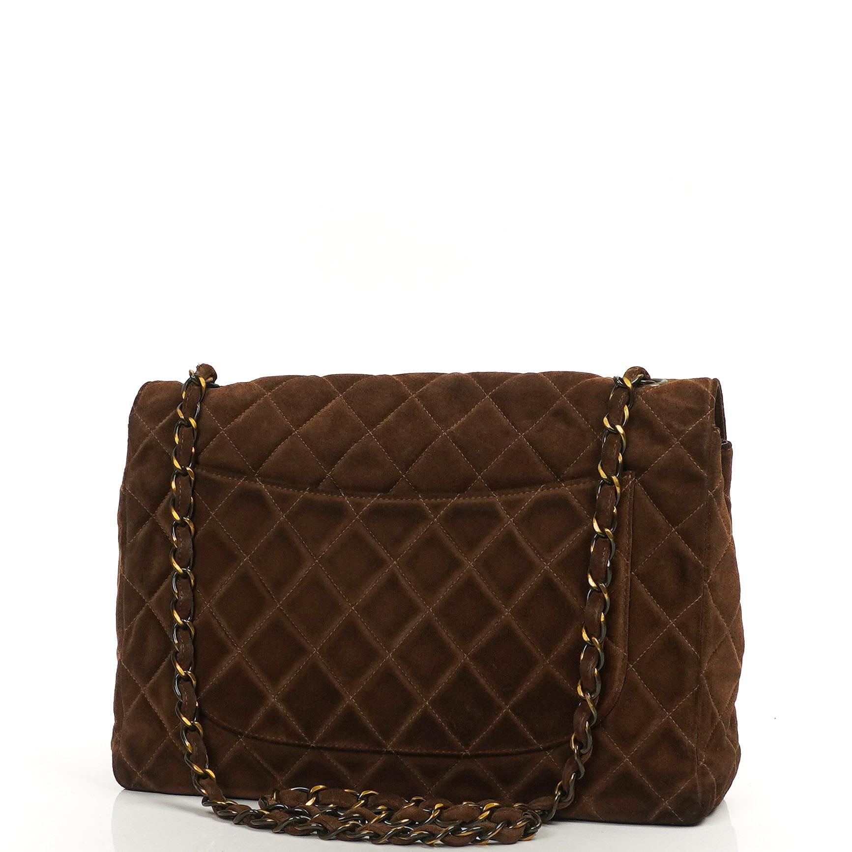 Chanel Jumbo Classic Single Flap Bag Brown Quilted Suede With Aged Gold Hardware