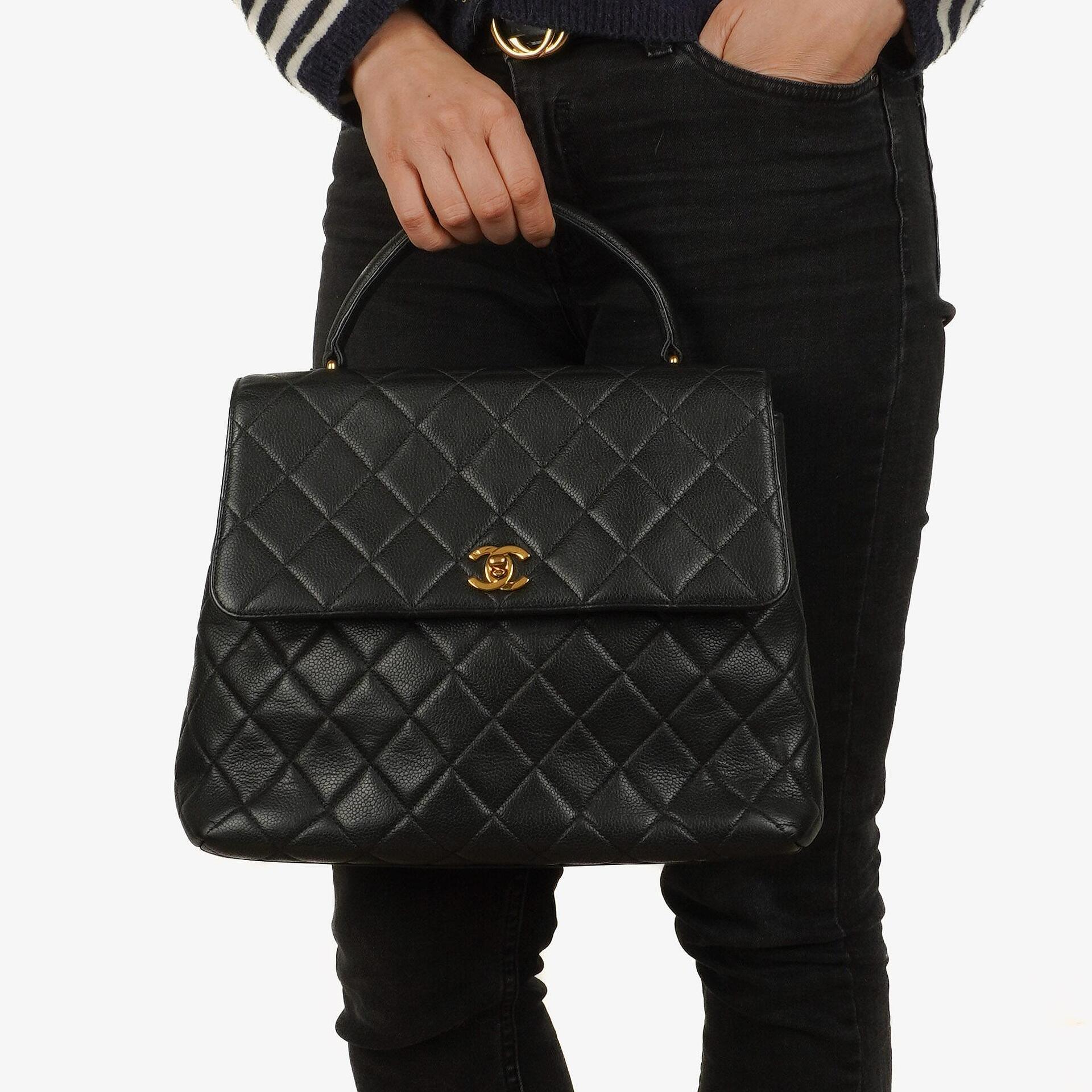 Chanel Kelly Black Quilted Caviar Leather Top Handle Bag With 24K Gold-Plated Hardware, 1996-1997