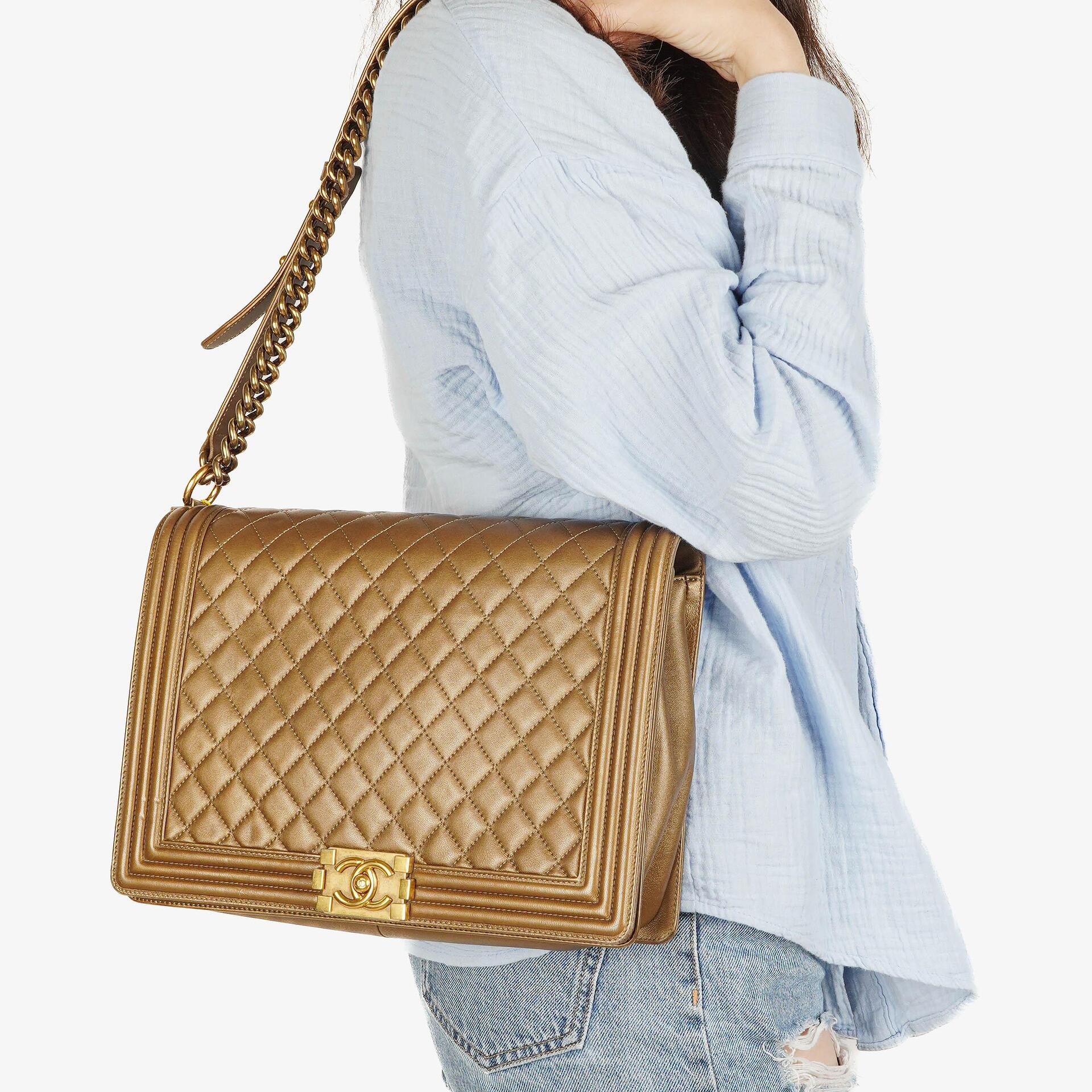 Chanel Large Boy Gold Metalic Quilted Flap Bag With Aged Gold Hardware