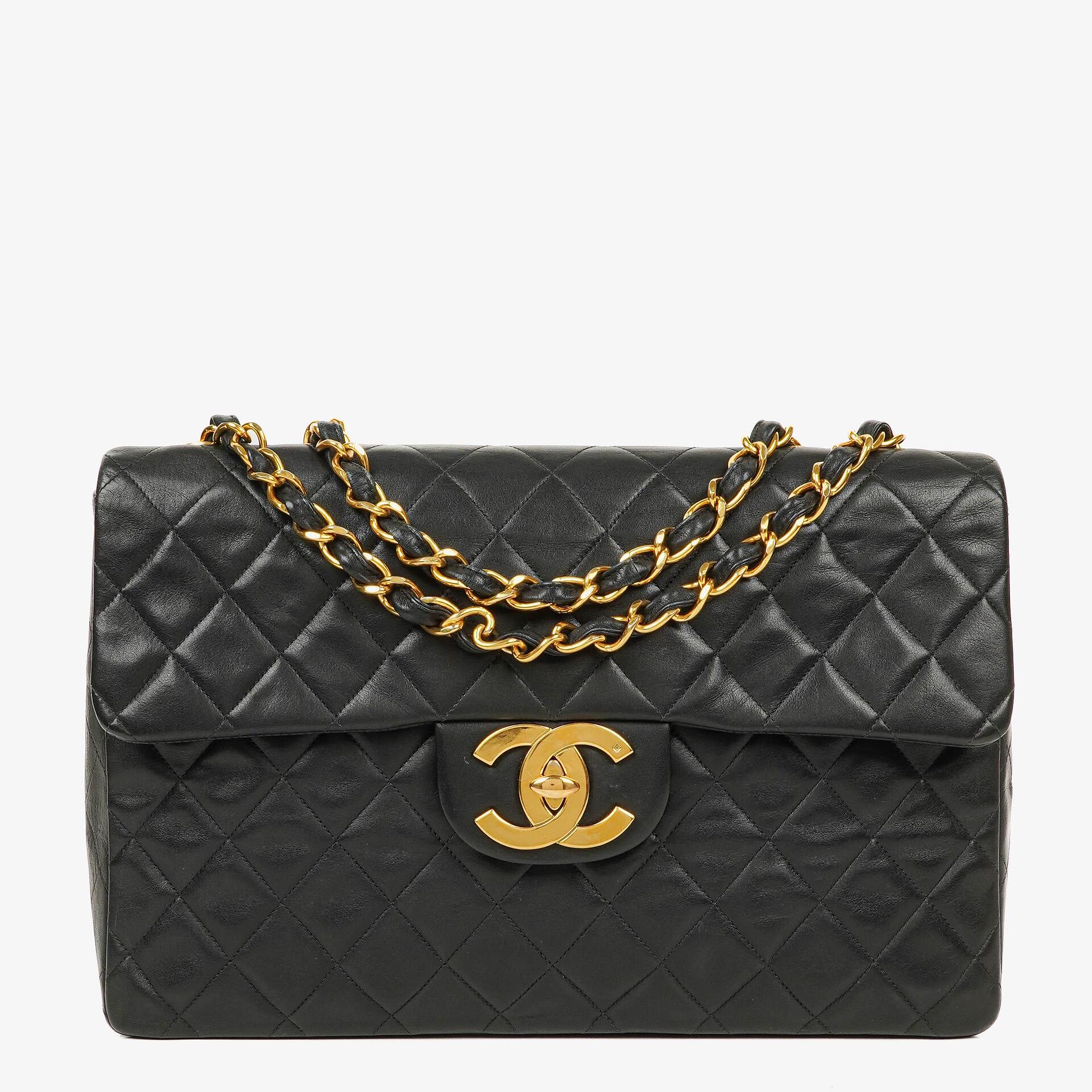 Chanel Maxi Jumbo CC Classic Single Flap Bag Black Quilted Lambskin 24K Gold-Plated Hardware