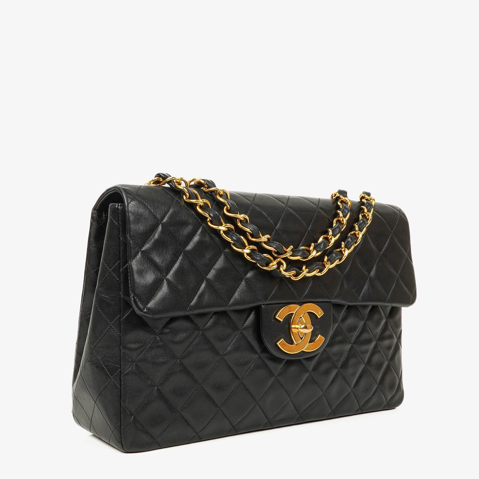 Chanel Maxi Jumbo CC Classic Single Flap Bag Black Quilted Lambskin 24K Gold-Plated Hardware