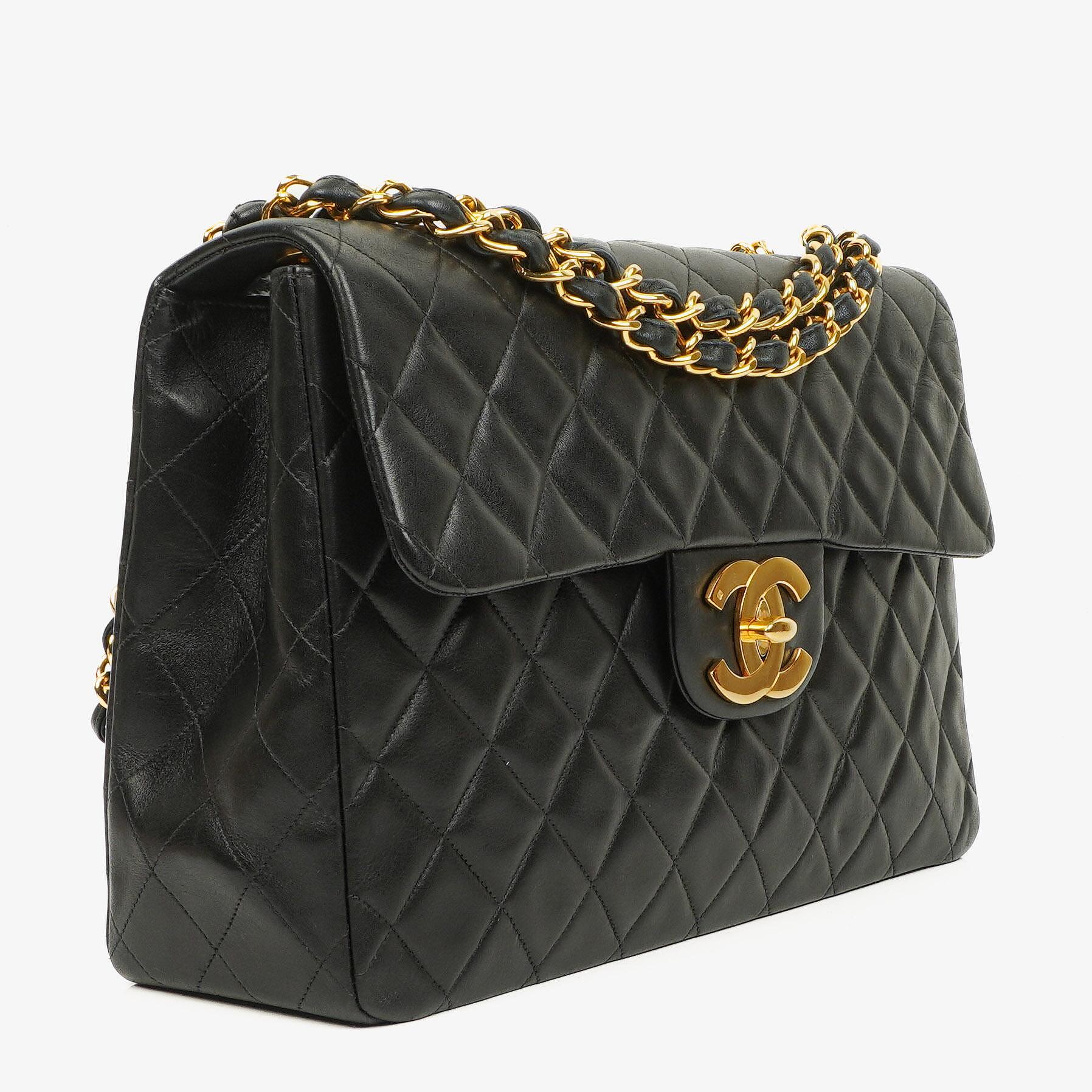 Chanel Maxi Jumbo Classic Single Flap Bag Black Quilted Lambskin 24K Gold-Plated Hardware