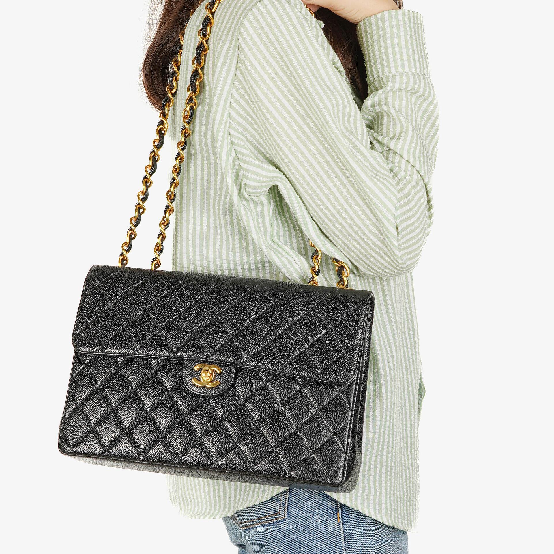 Chanel Maxi Jumbo Classic Single Flap Bag Black Quilted Lambskin 24K Gold-Plated Hardware