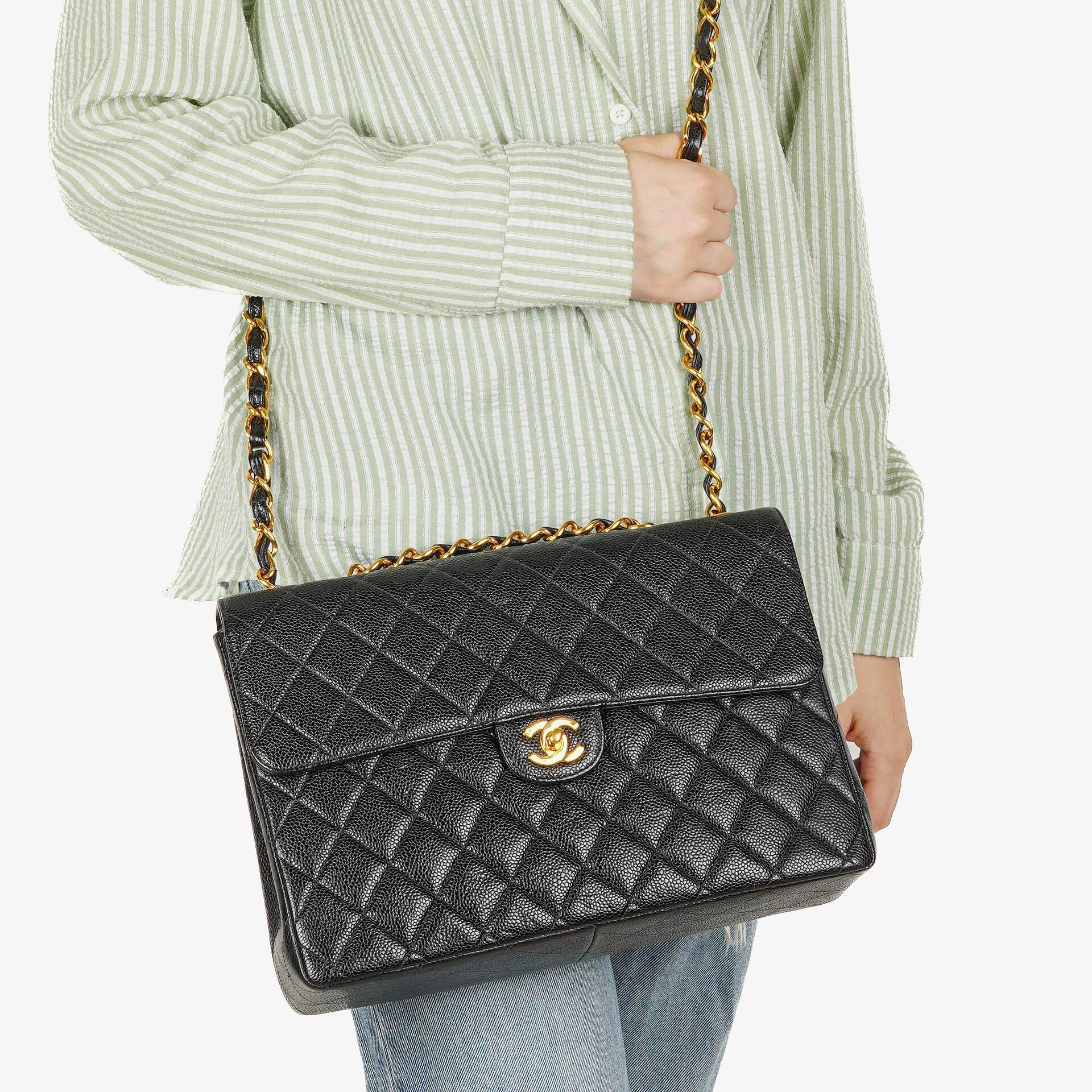 Chanel Maxi Jumbo Classic Single Flap Bag Black Quilted Lambskin 24K Gold-Plated Hardware