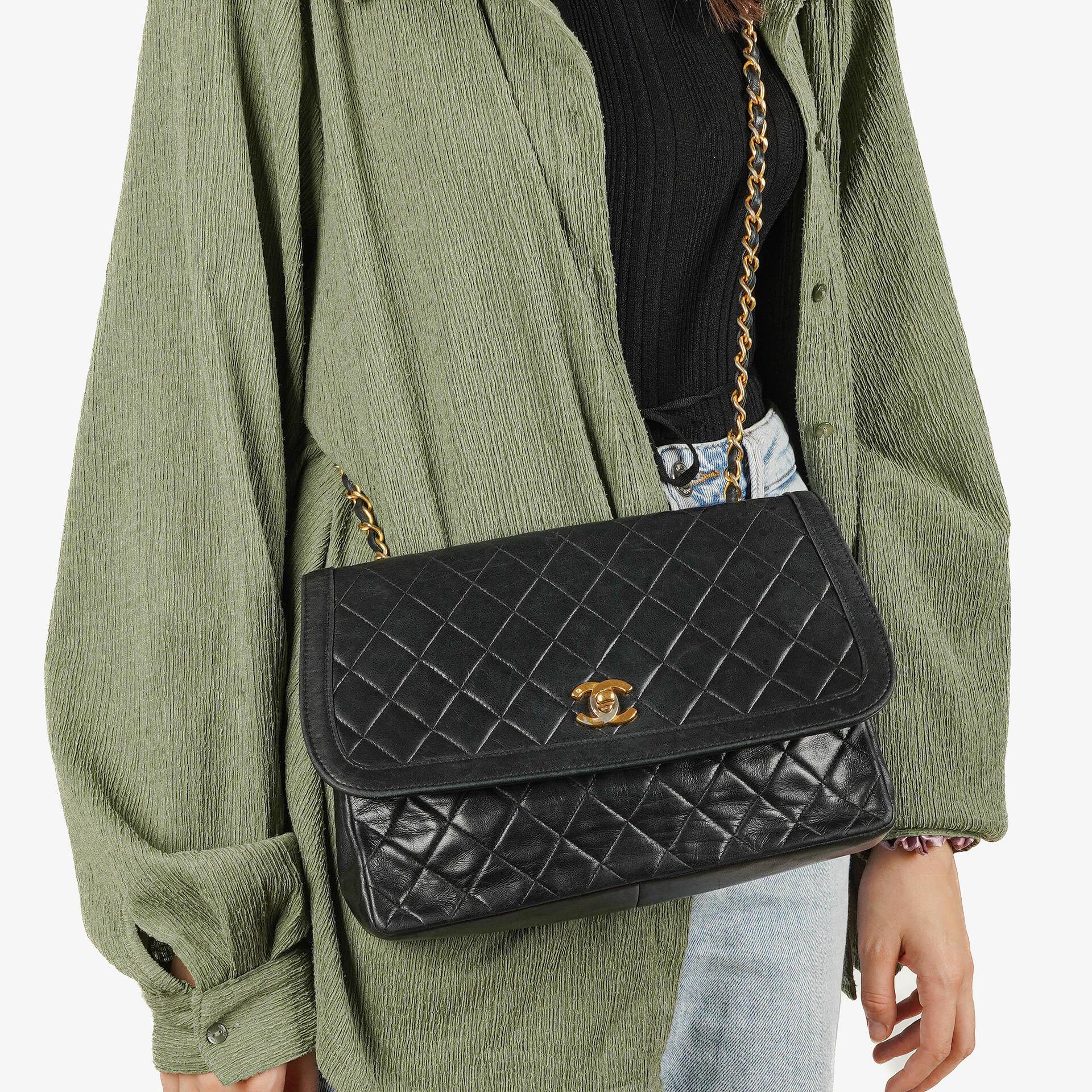 Chanel Medium Black Lambskin Quilted Single Flap Bag 24K Gold-Plated Hardware